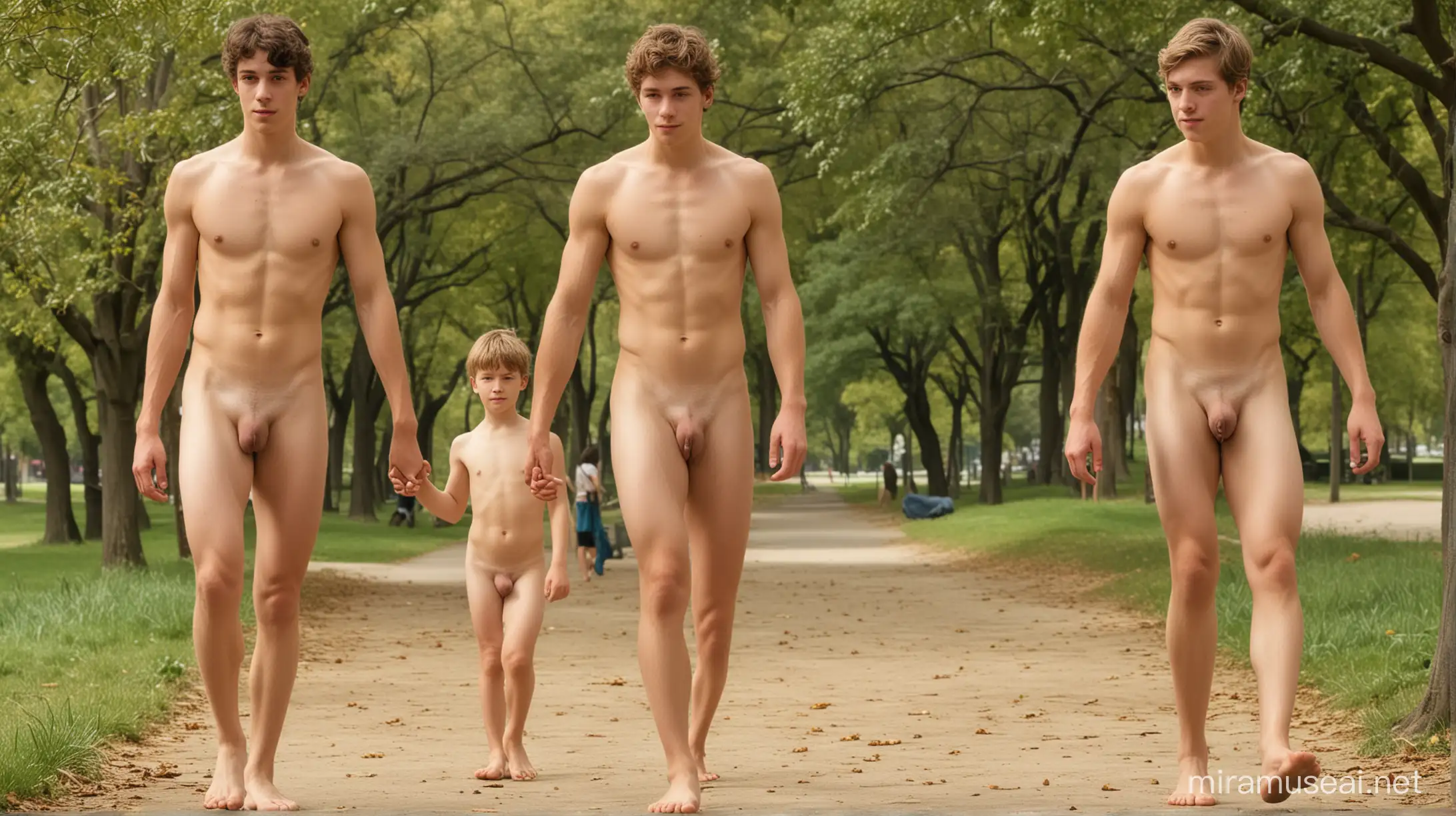 Em um parque ensolarado e movimentado, três rapazes nus e descalços, 18 anos, com corpos bem definidos mostrados por inteiro, passeiam com cachorro dinamarquês.