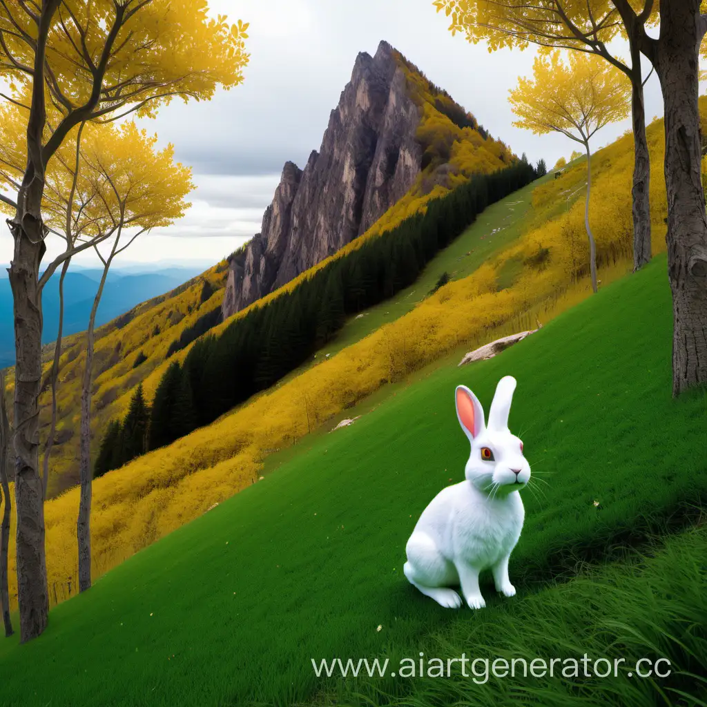 горный подъем с зелёной травой и деревьями с желтыми листьями, и там ещё стоит один кролик