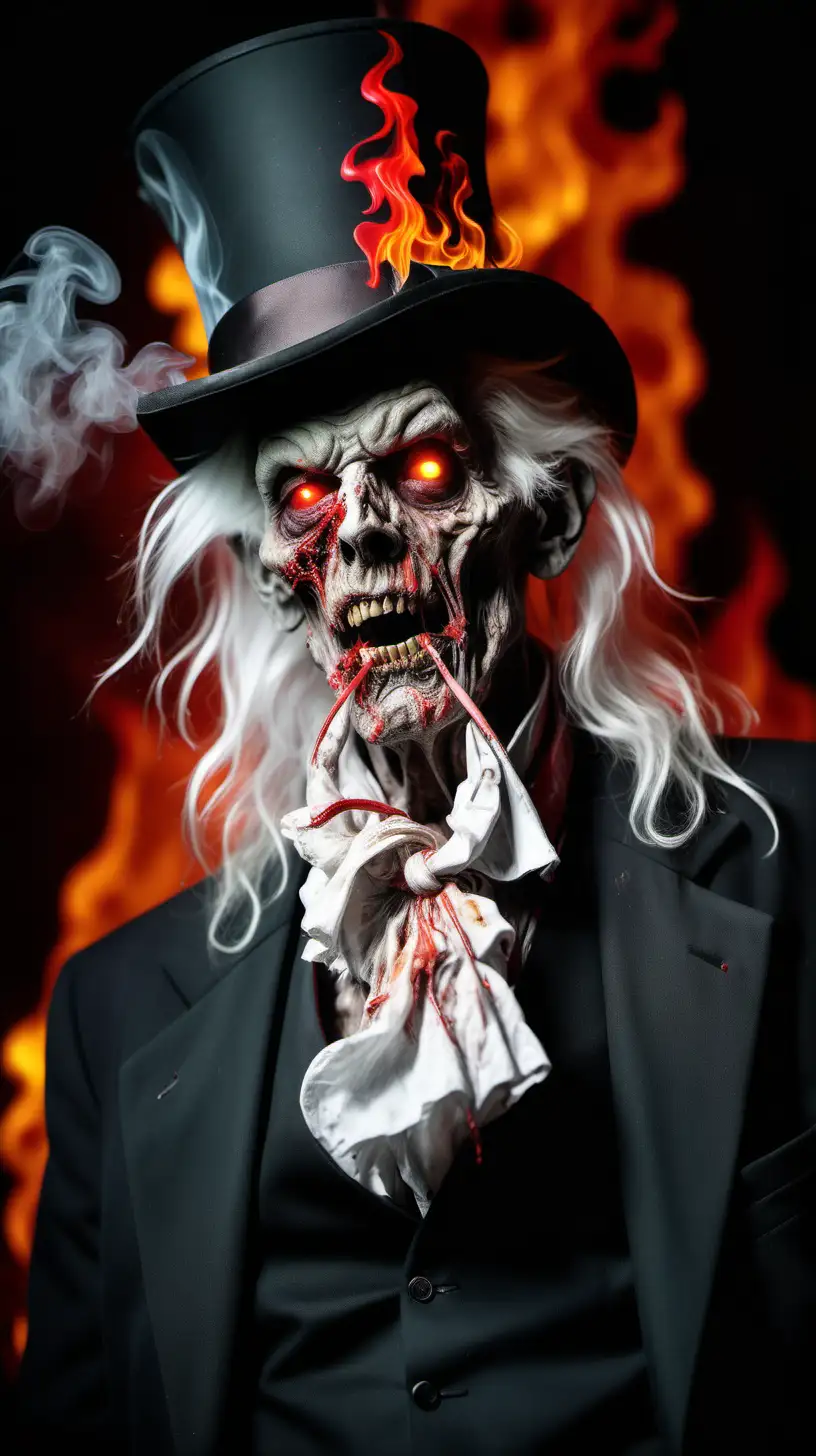 ugly rotting flesh and bones zombie, glowing fiery red eyes, long stringy white hair, crumpled top hat, portrait in studio; smokey background, vivid, smoke coming from his ears, flames leaking from his mouth, "Dave" is in flames across his chest