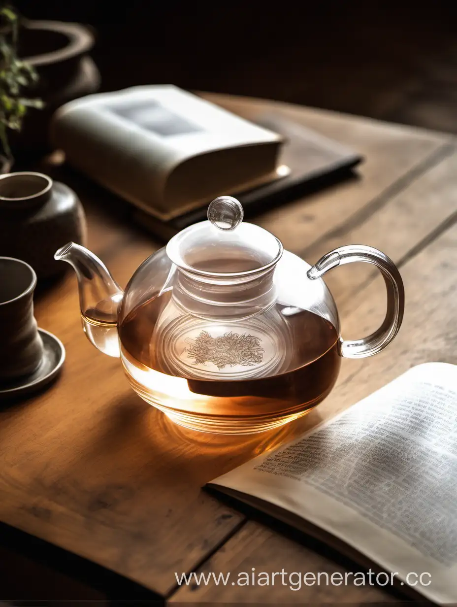 Прозрачный чайник стоит на деревянном коричневом столе, на фоне лежит книга