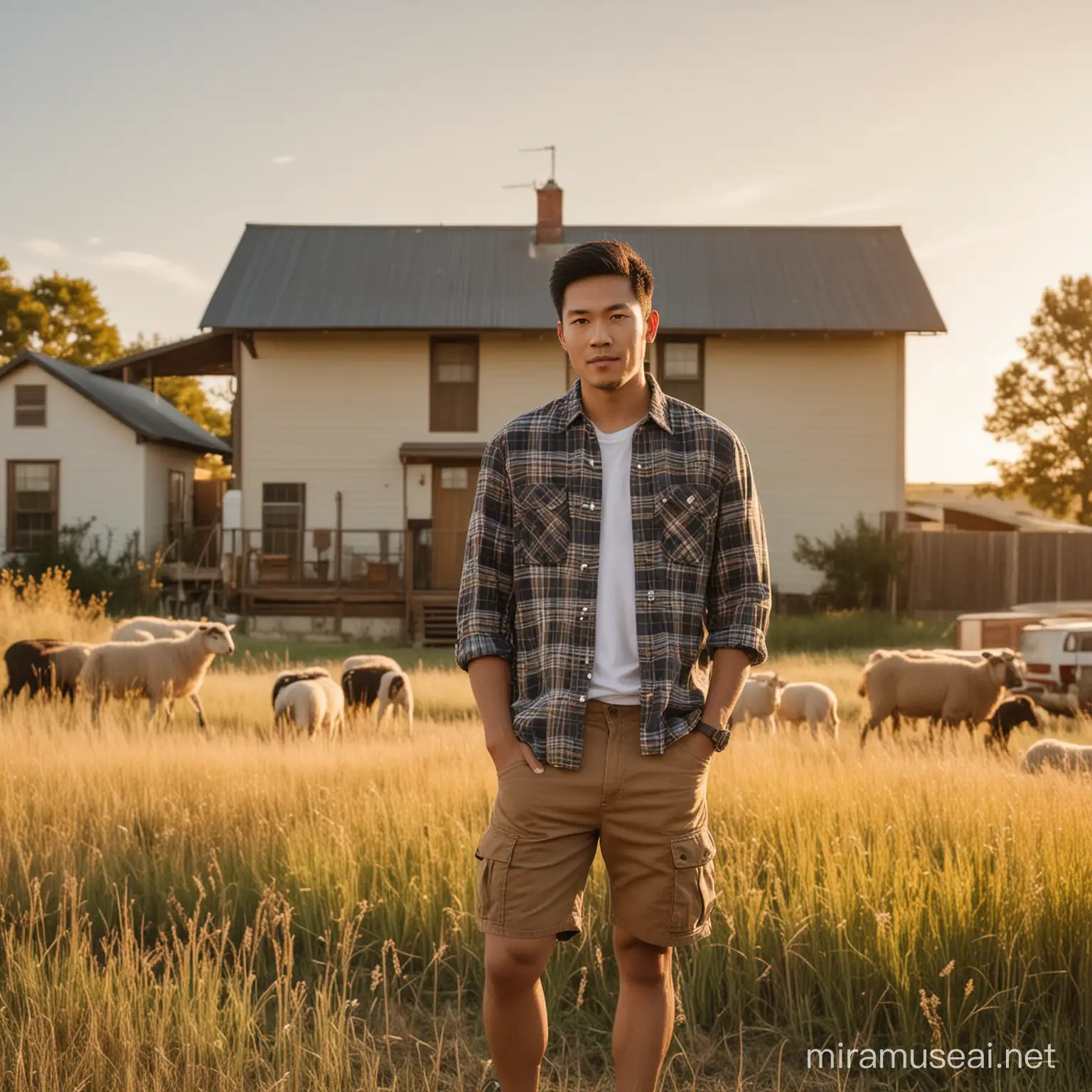 Cinematic Portrait of a Photographer in a Texas Field with Sheep