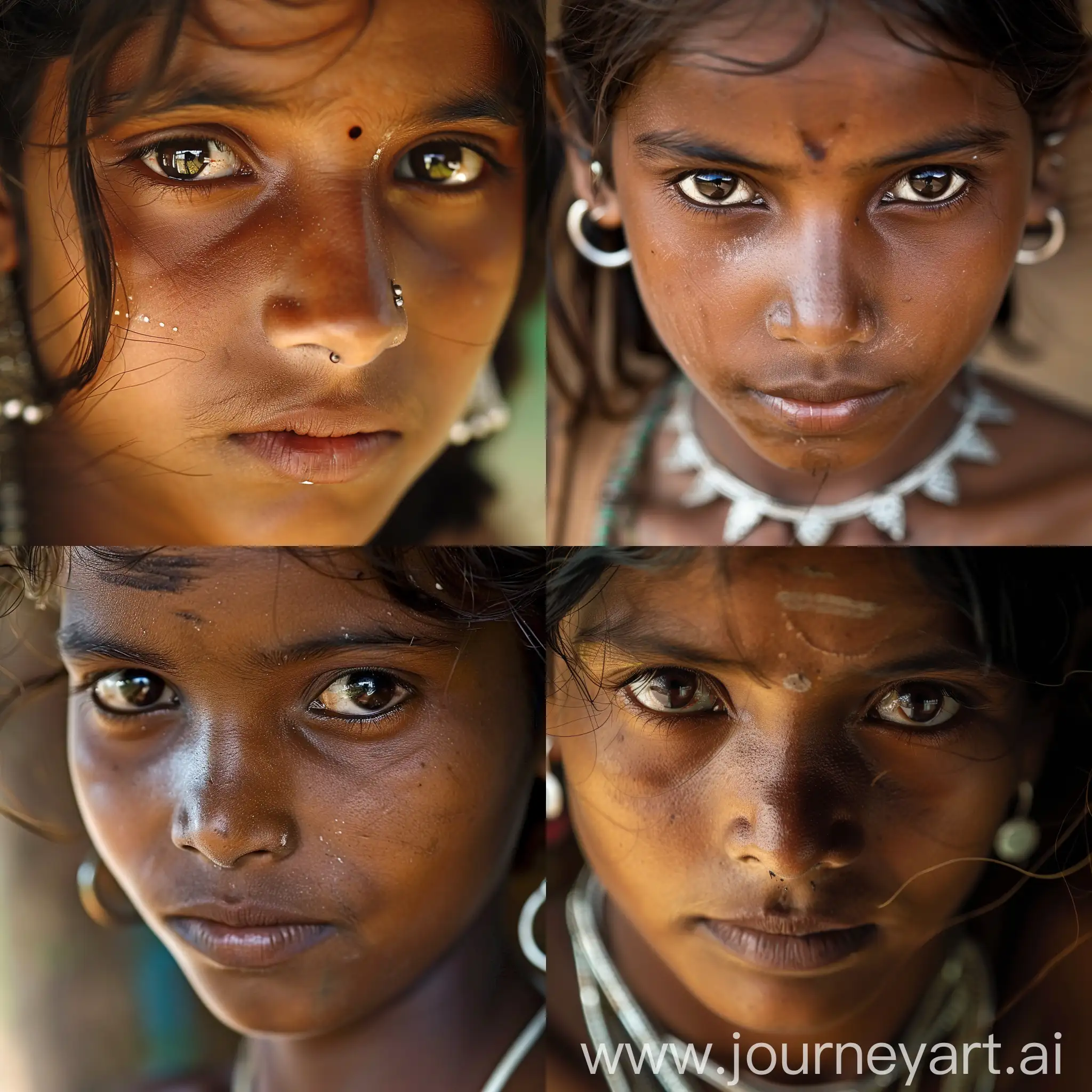 Ancient tribal girl of northern Kerala, she is 20 years old, close shot of face, very simple silver ornament, she is calm, 