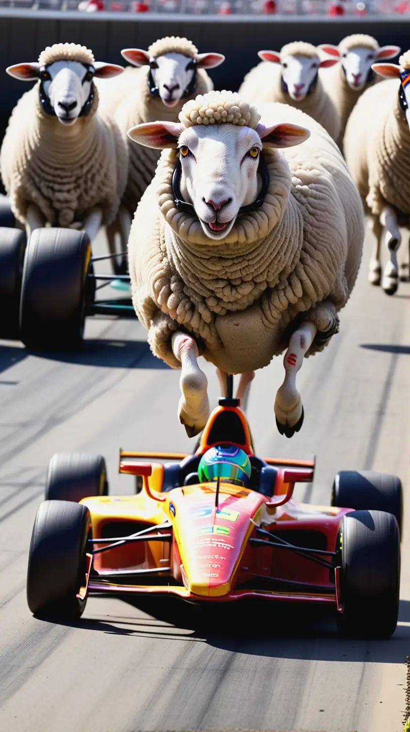 a sheep , racing against formula one race cars at the Indianapolis 500