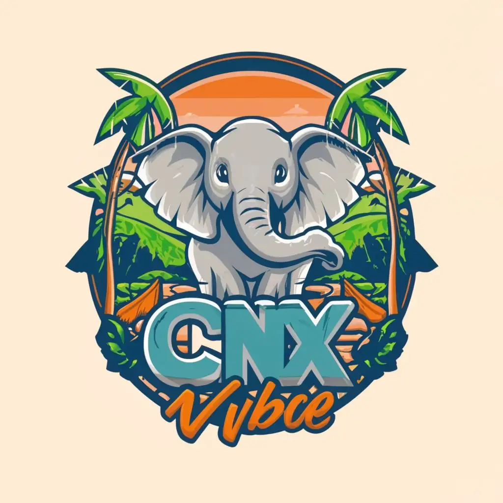 a logo design, with the text CNX VIBE, main symbol: happy elephant, moderate, be used in travel industry, clear background, Modern font, green mountain forest, Thailand, Chiang Mai, Sunset, rice field