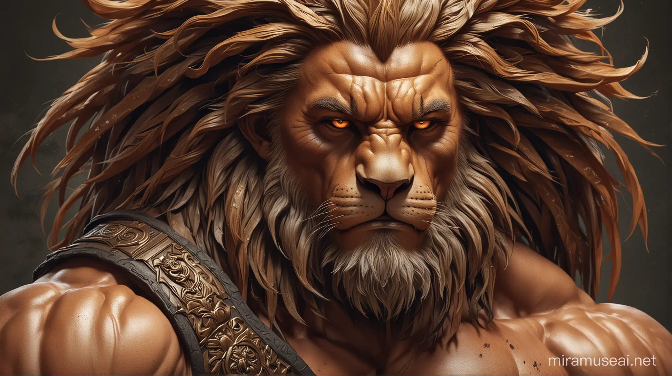 Gym Member Man with lion head , depicting incredible strength and power, the digital illustration is highly detailed, Smooth, and showcases intricate patterns, the sharp focus and vibrant lighting accentuate every muscle and vein, creating a visually striking image, the artwork is reminiscent of the style of artists like artgerm and greg rutkowski, with a touch of realism and a nod towards military aesthetics, the artwork is trending on artstation, captivating viewers with its unique blend of strength, style, and camouflage.