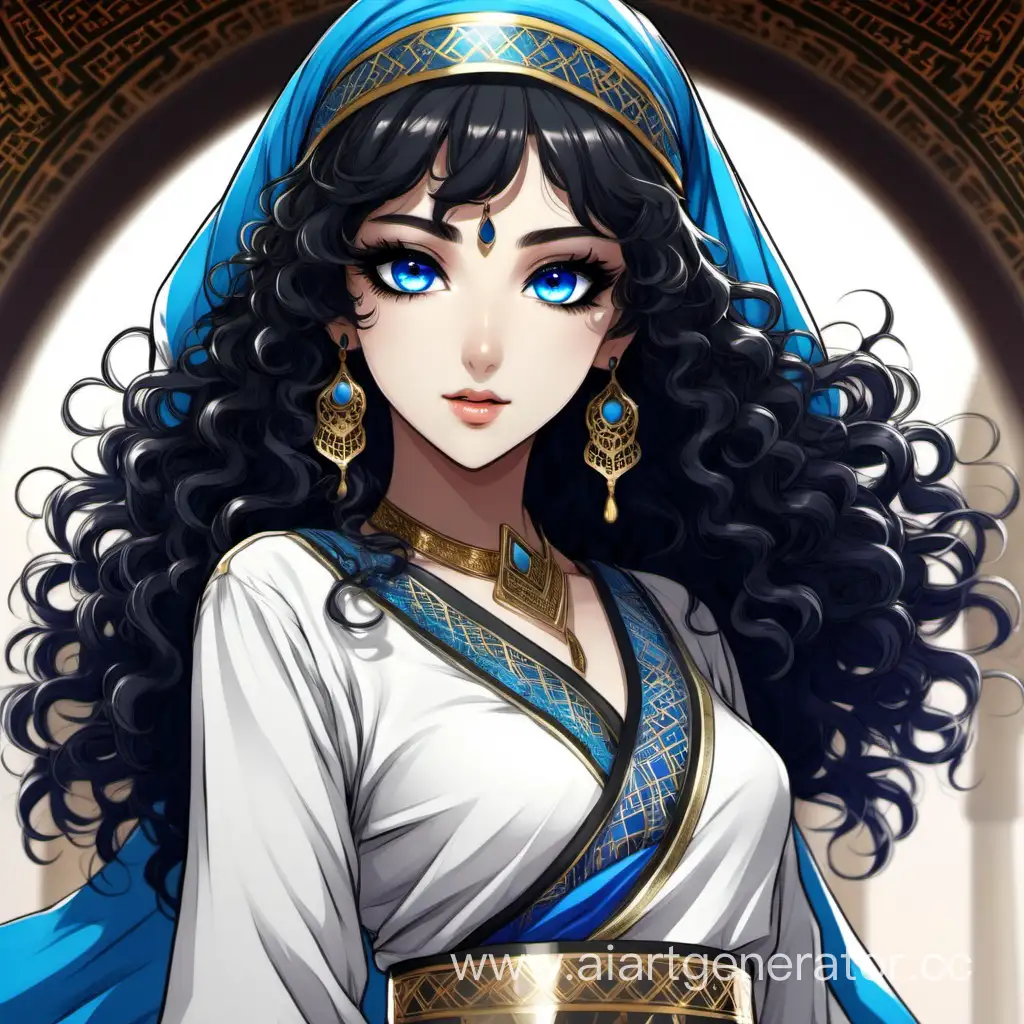 аниме девушка с черными кудрявыми волосами и голубыми глазами. в одежде арабской танцовщицы  