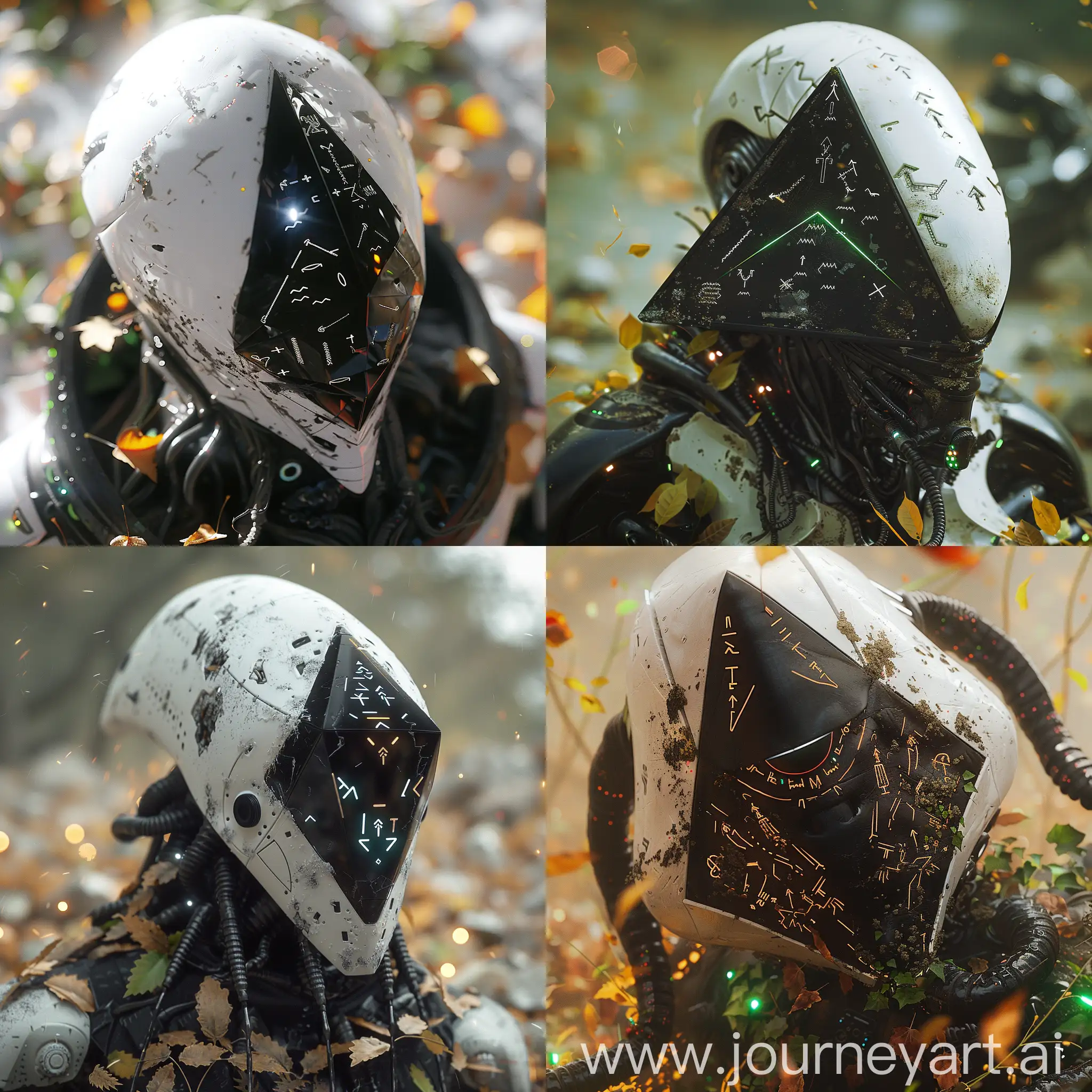 a dynamic close up cinematic Creative photography portrait,natural lighting daytime, zbrush, 8k, natural colourful environment of an alien space capsule, unique angles, epic lighting, ultradetailed, dslr,c4d, futuristic, nikon d750, lomo,showing  a white amd black leviathan alien creature with a black triangular shaped head with tentacles and LED for glowing effect and glowing hieroglyphics embedded on it covered in dust and leaves,eery aesthetic wearing edgy piercing Dystopian Detailed  armour evoking a dystopian essence . Each element is rendered in stunning high definition, capturing the essence of the cyberpunk world with unparalleled realism in this digital art piece