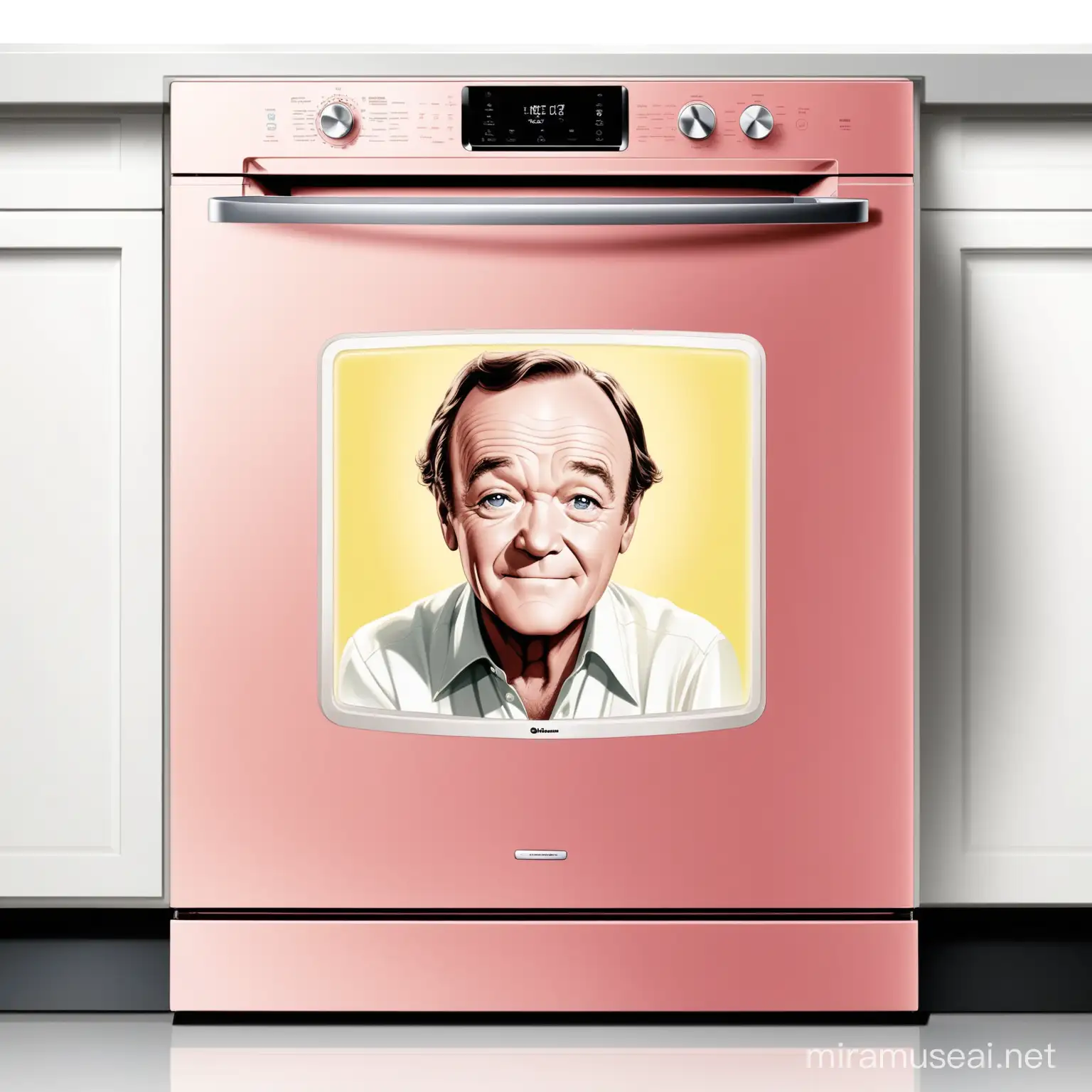 faça uma imagem de Jack Lemmon com uma smart dishwasher nas cores rosa claro, amarelo claro e branco
