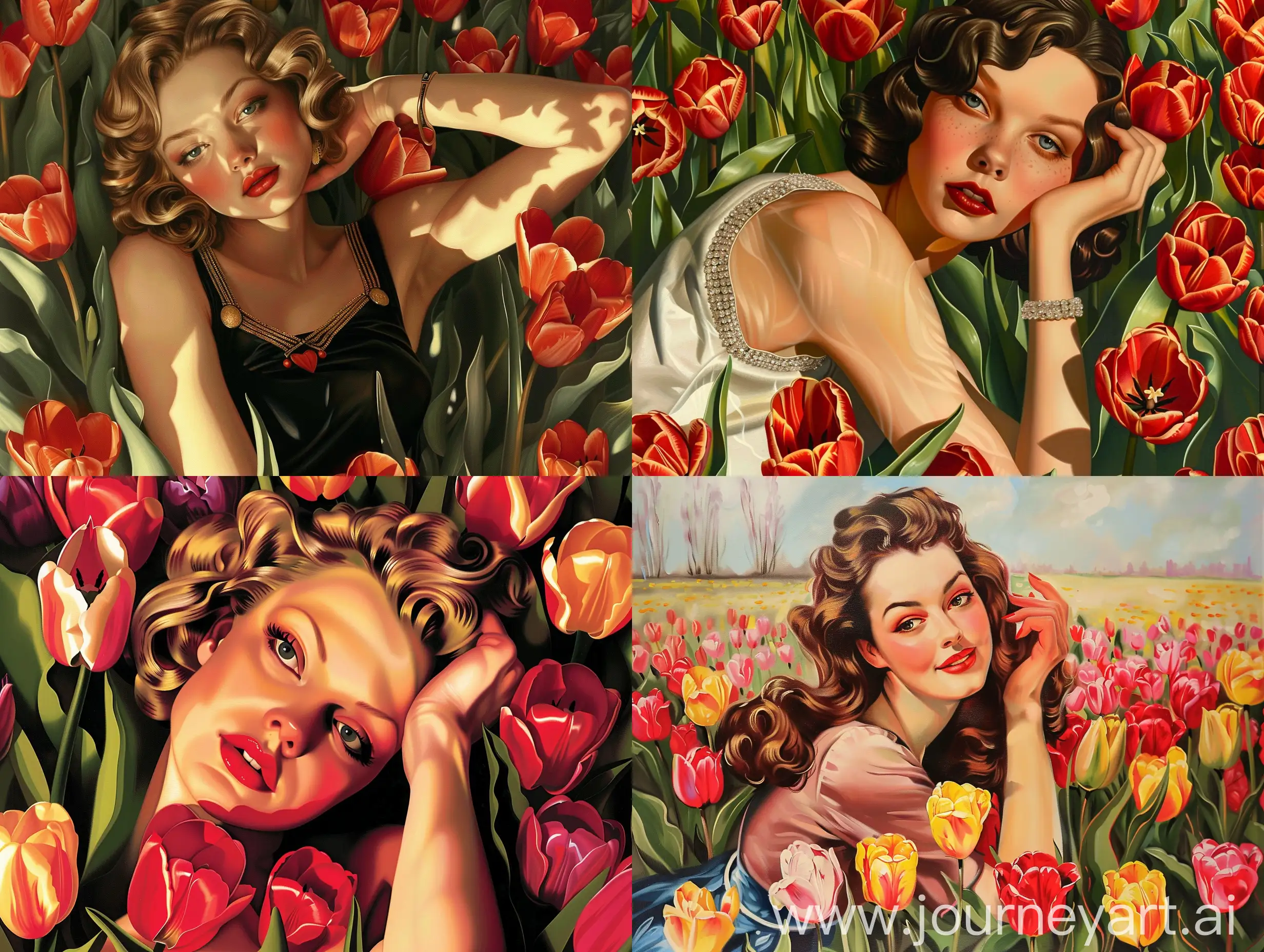 Elegant-Woman-Admiring-Tulips-Tamara-de-Lempicka-Style-Painting