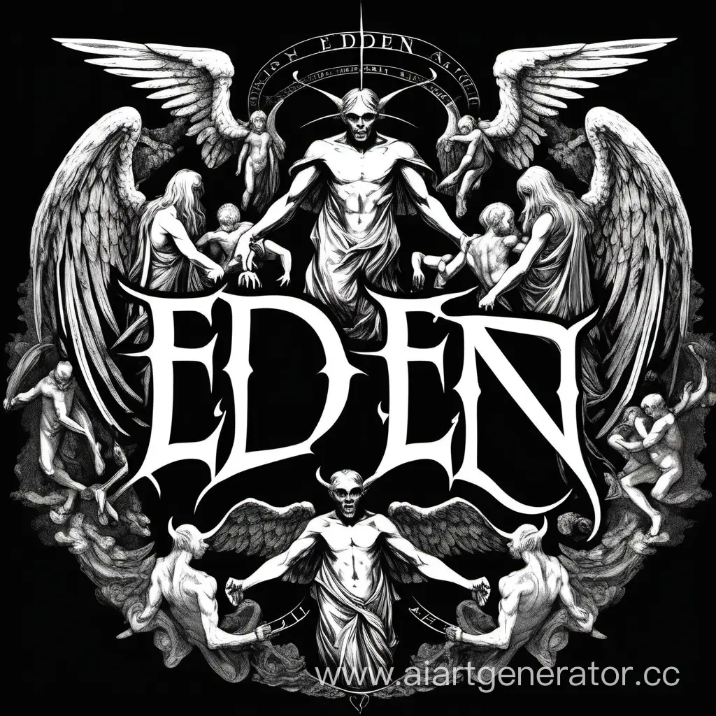 Minimalistic Gang Named "Eden" logo, Angels, demons, fight, Lucifer, Belial, Azazel, inspired by Gustave Dore, White on black