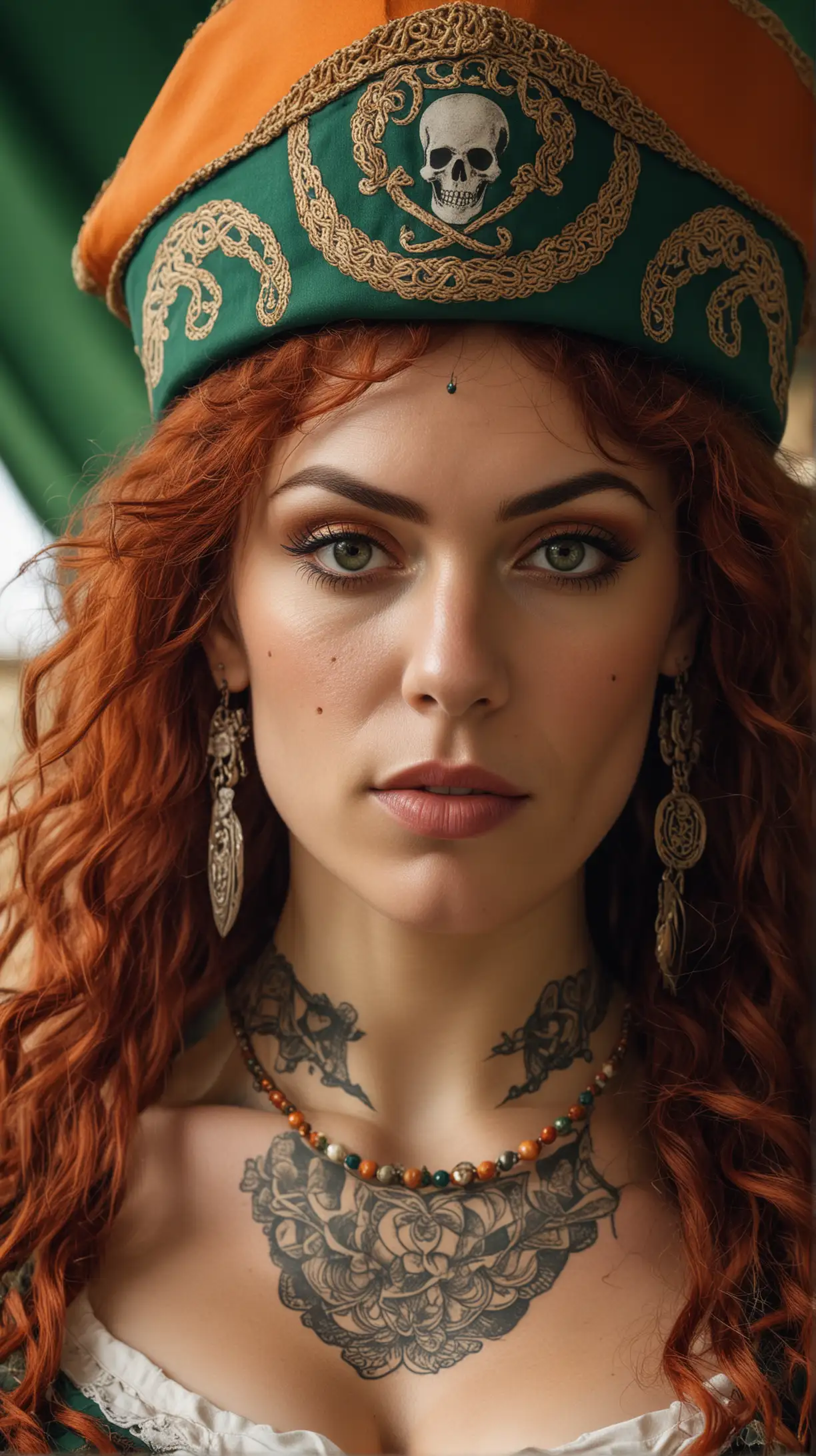 close up portrait, highly detailed, circus, in the style of whimsical yet eerie symbolism, Ireland 1860's, orange, white and green palette, close up portraiture, well built, attractive African black skinned female with long red hair, big boobs, wearing a pirate themed outfit, bicorne pirate hat, red and blue scarf, Irish revolutionary theme, covered in tattoos, inside a celtic circus tent, nature-inspired pieces, circus costumes, ultra details