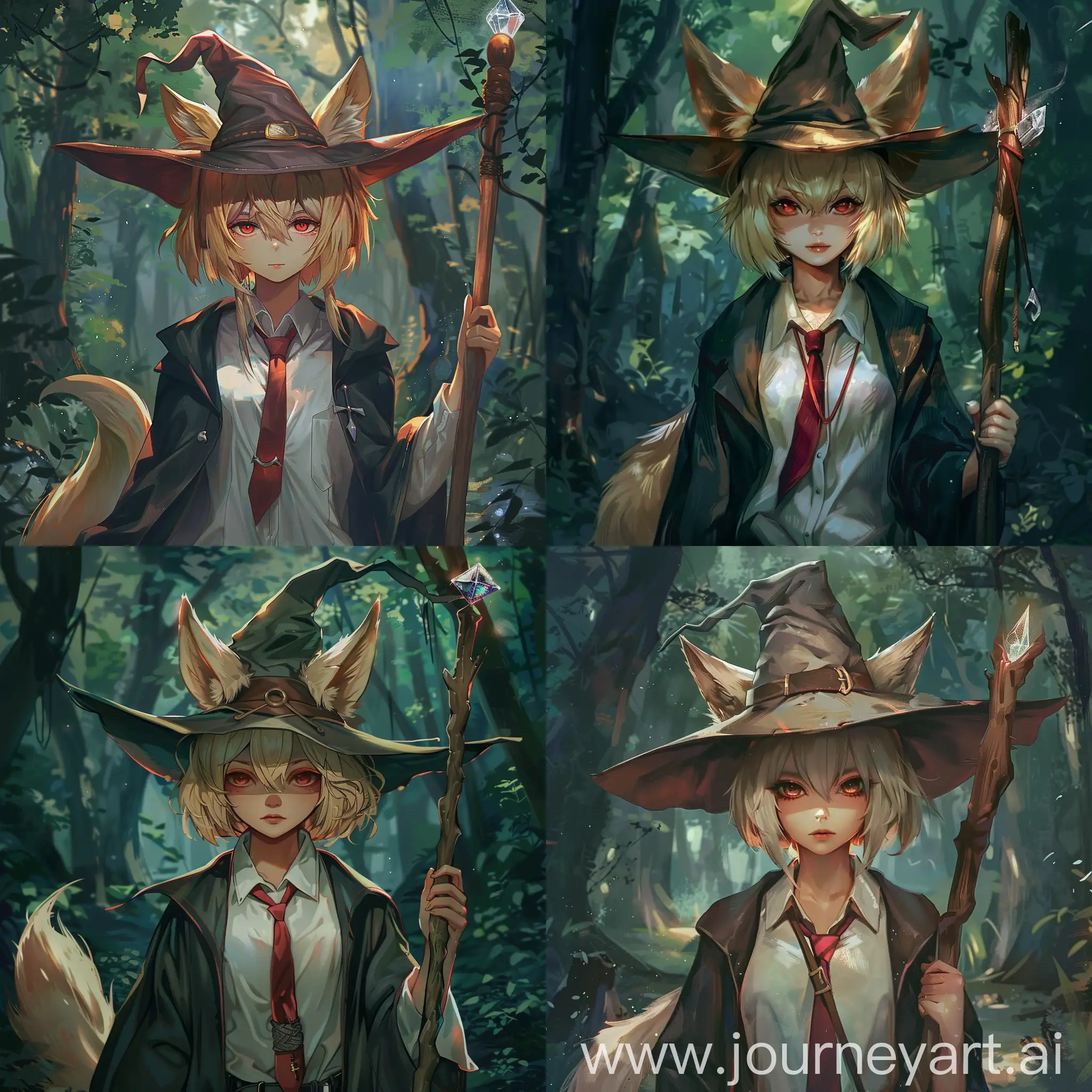 Blonde-Kitsune-Wizard-Walking-Through-Dense-Forest-with-Wooden-Staff