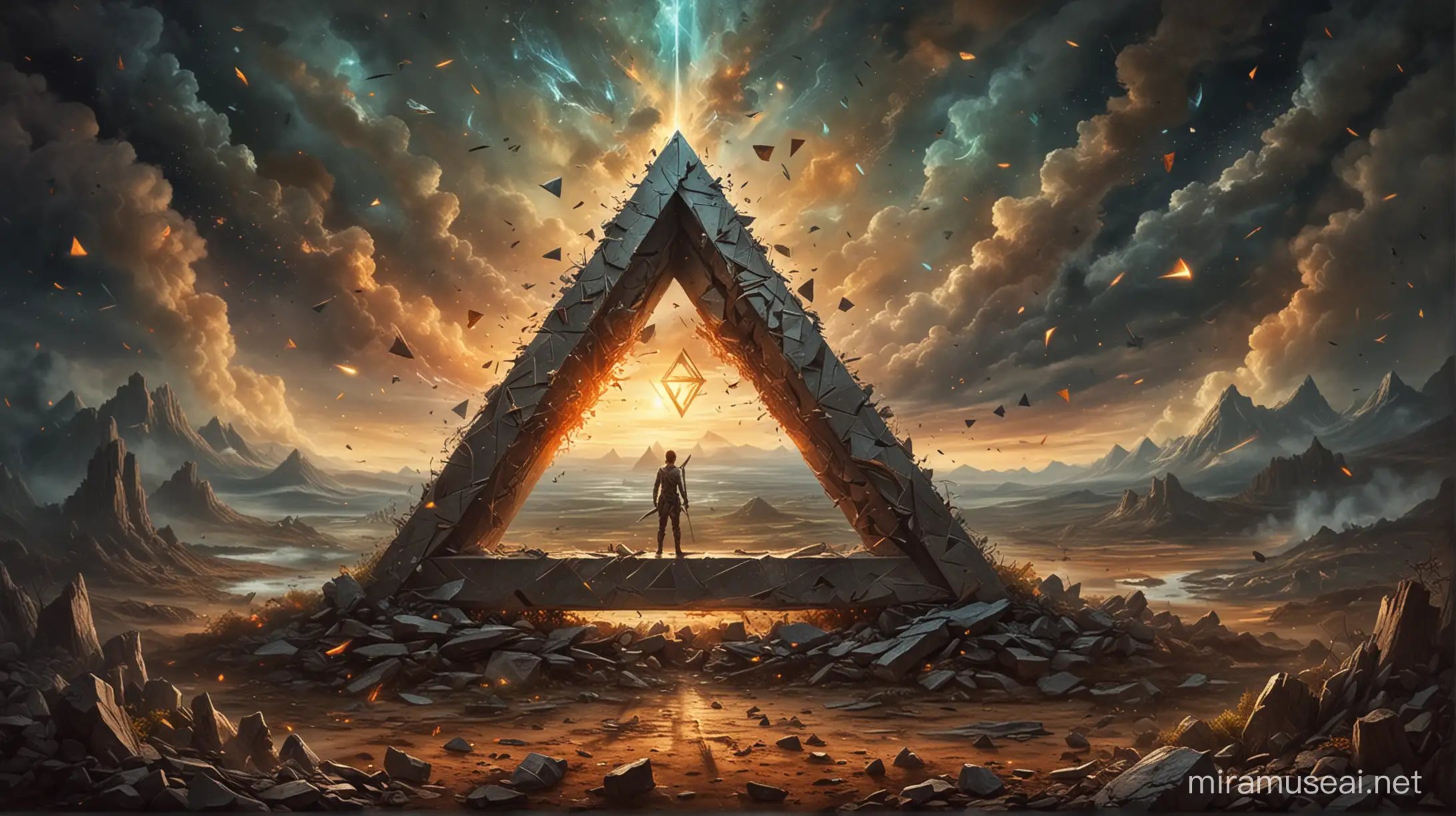 Create a mystical triangle chanlon Write chaos elements and reality in the corners Put war in the middle of the element and chaos, between the element and reality, and an explosion between nature and reality and war, finally write the Latin soul in the middle of the triangle 