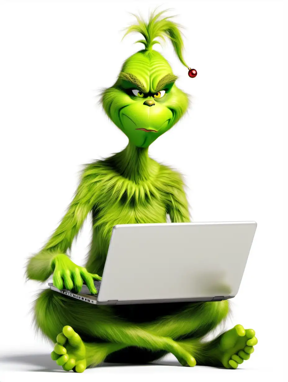 Grinch Working on Laptop Festive Holiday Tech
