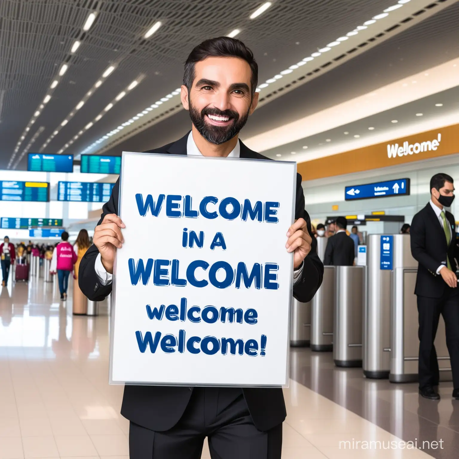 en un aeropuerto se ve a aun hombre con un cartel en las manos que dice: ¡bienvenida! (en español)
