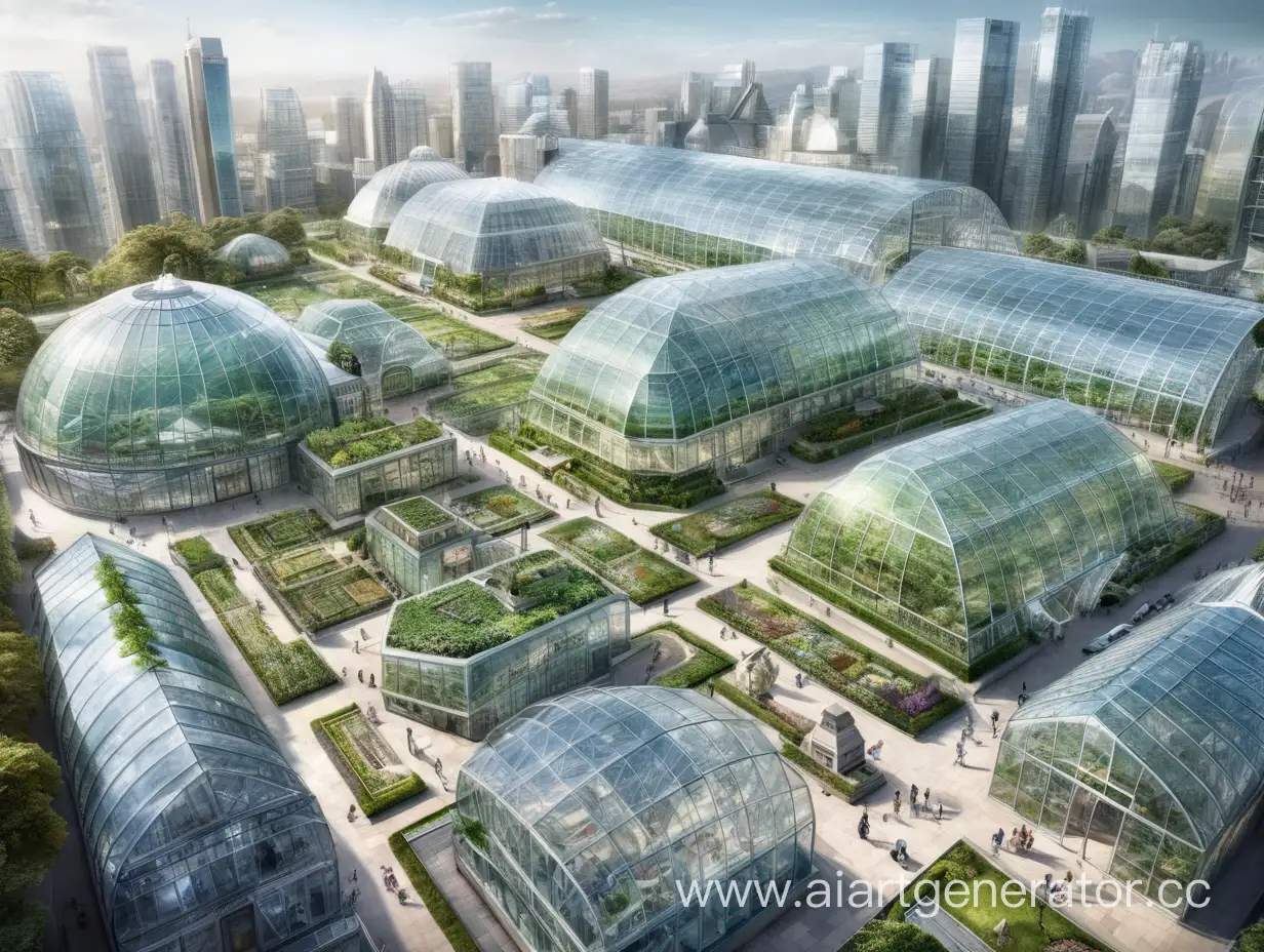 A giant complex, greenhouses, plants, several buildings, glass roofs, crystal buildings.