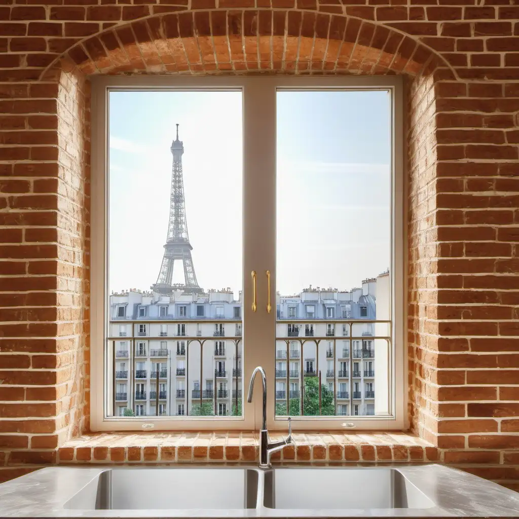 Luxury Parisian Kitchen with Golden Brick Wall and City View