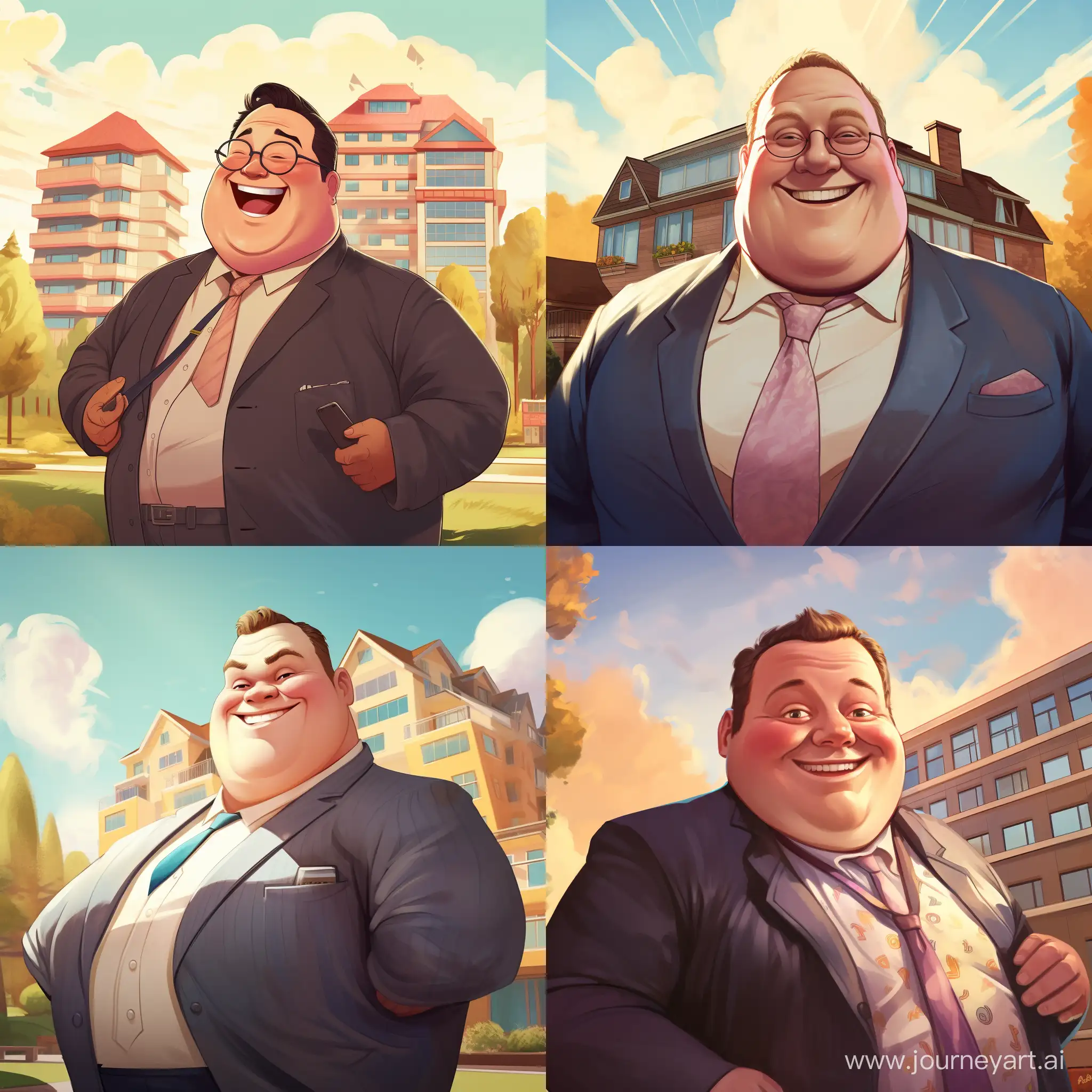 Smiling-Overweight-Realtor-in-Front-of-PIK-Residential-Complex