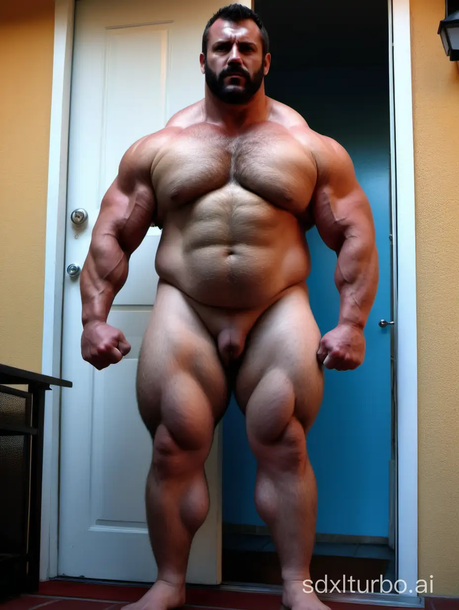 beefy manly muscle evil bear bully neighbor. White skin and massive muscle stud, much bodyhair. Muscle posing at his open apartment door. Cocky intimidating Szenario. Huge Fat body. Long Strong legs. Full body diagram. 2m tall. Very Big Chest. Very Big biceps. 8-pack abs. Very Fat. Very Strong.