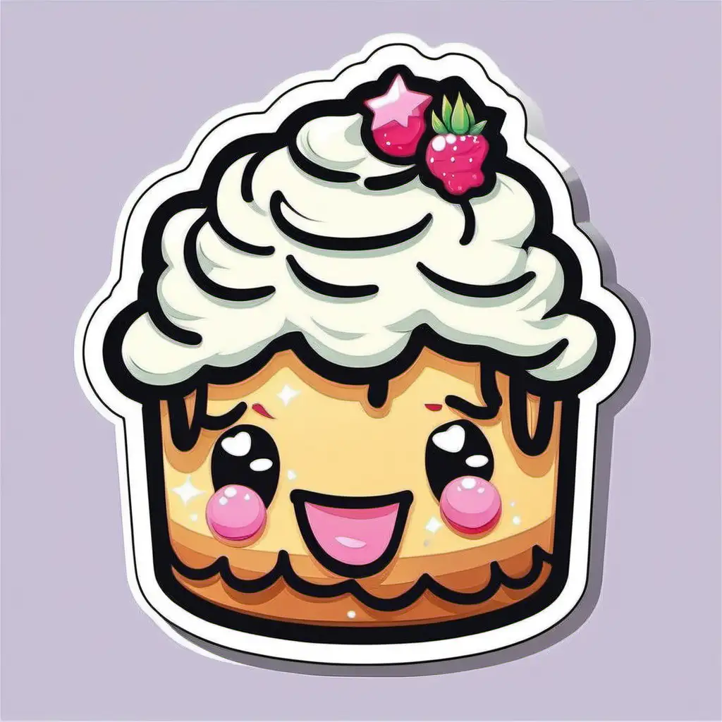 Sticker, Laughing KAWAII cake with Whipped Cream Hair, food illustration, mixed 
styles, contour, vector, white background