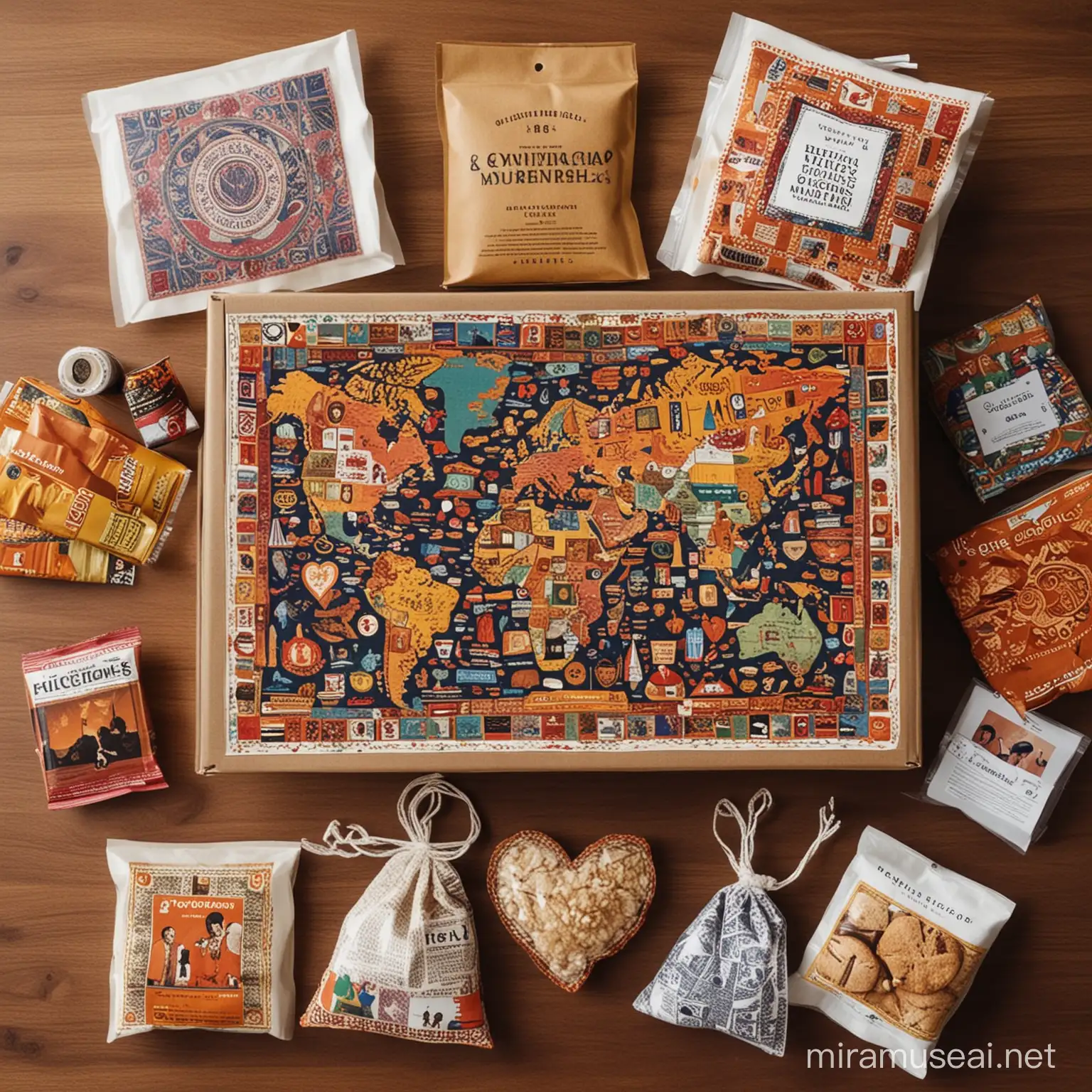 subscription service that delivers a monthly exploration of the world’s diverse cultures directly to your doorstep. Each box is a curated collection of authentic items representing a different country's heritage and traditions, including traditional snacks, handmade crafts, vibrant music playlists, and engaging activities. Our mission is to foster global understanding and appreciation by bringing the richness of the world's cultures into the homes and hearts of our subscribers. Through each box, we aim to create a tapestry of global connectivity, celebrating the unique beauty and stories of all peoples.