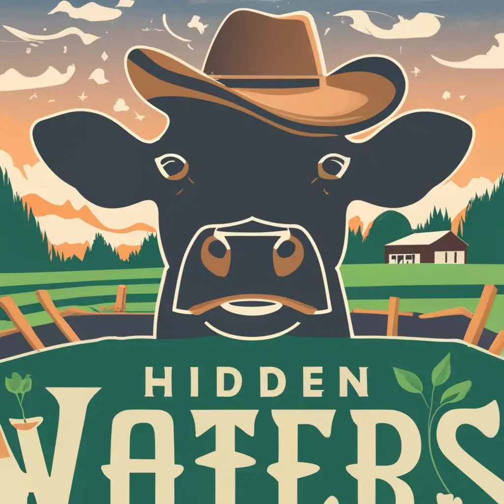 logo, Black Angus Cow with a cowboy hat on and a farm in the background, with the text "Hidden Waters", typography