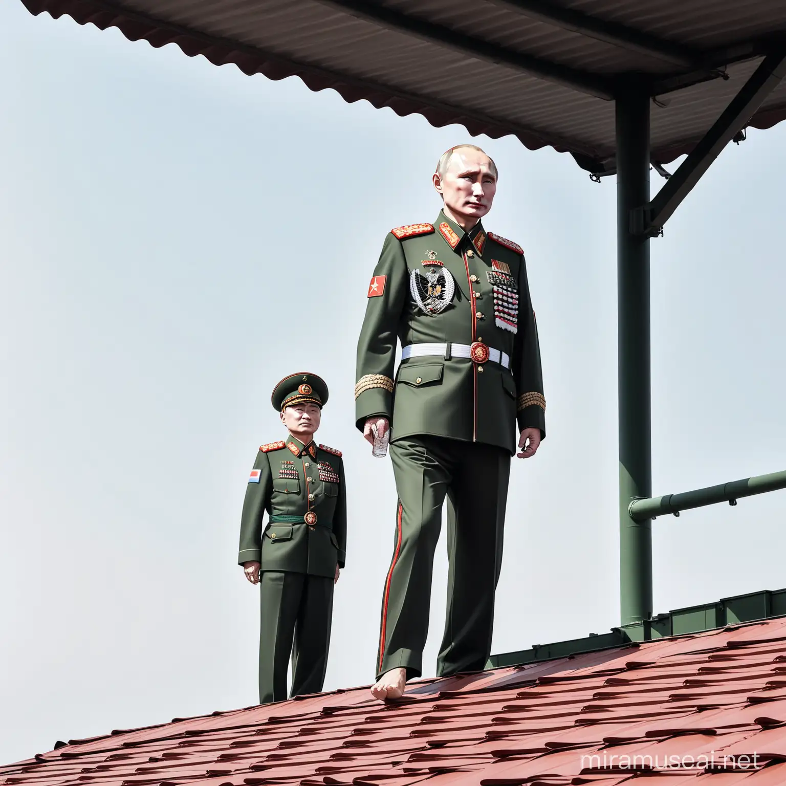 60 year old Putin stands barefoot on the top of Air defense entrance roof, wearing deep real look 65 style chinese libration army  military uniform  and a long sleeved black and white striped shirt, receiving 2 cabinet  real size vodka label liquor packaging