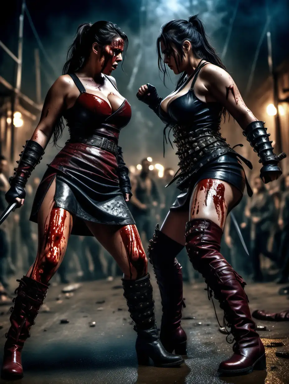 (cinematic lighting), in the world of movie 300, 2 beautiful voluptuous women fighting for each other, fierce fight, blood on the body, leather studded boots, intricate details, detailed face, detailed eyes, hyper realistic photography,