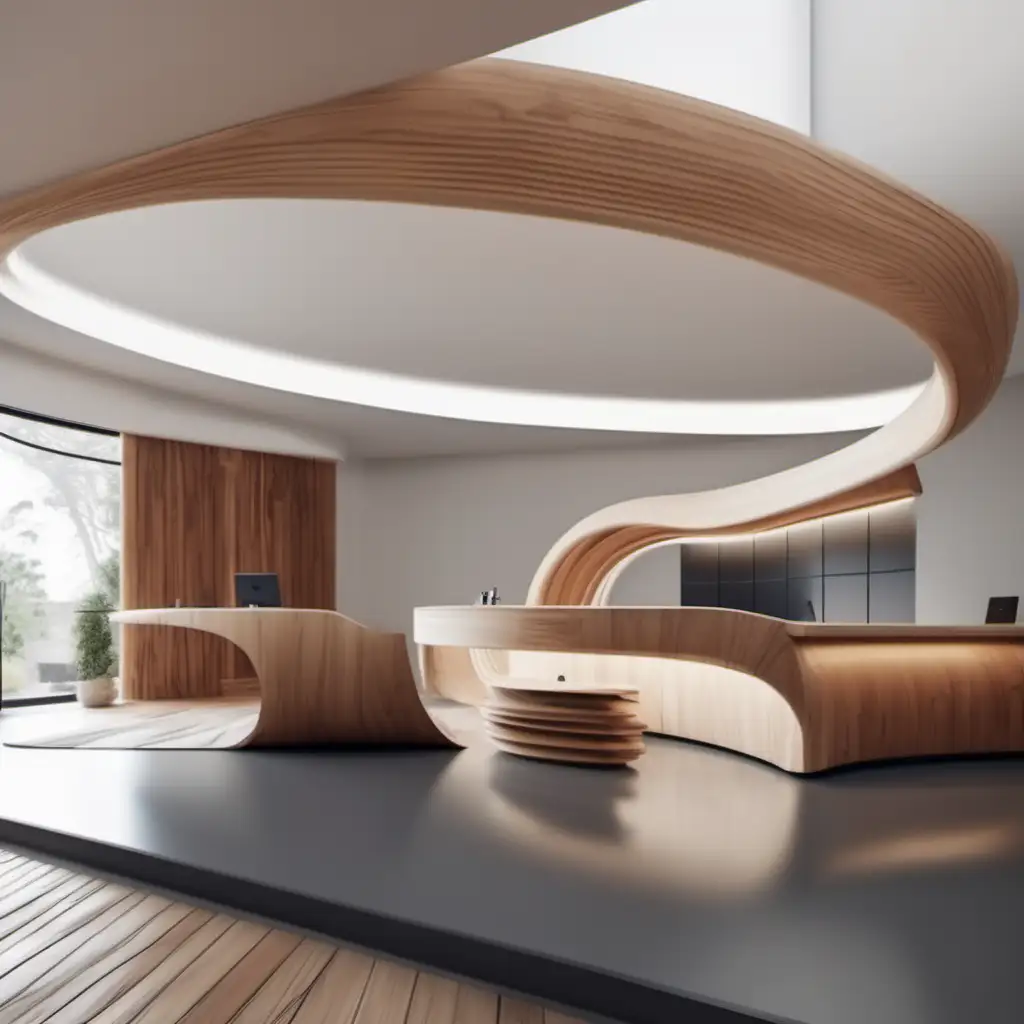 moderne geschwungene Theke aus Holz, futuristische und moderne Innenarchitektur, Minimalismus