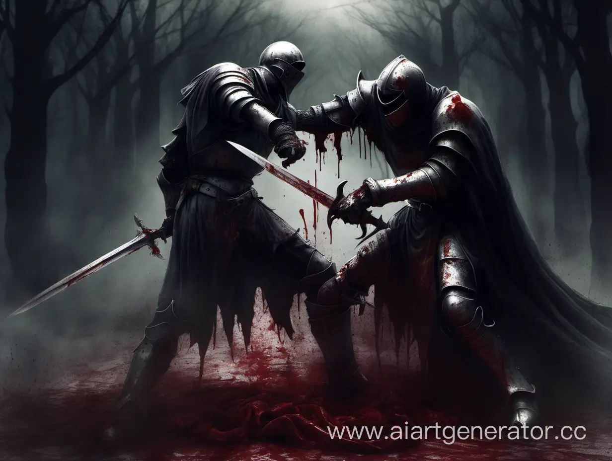 мрачный, рыцарь убивает другого мечом, кровь 