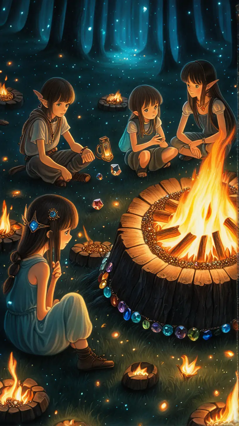 Macro Ghibli Art Enchanting Dark Fantasy Fairy Circle with Gleaming Jewels and Bonfire
