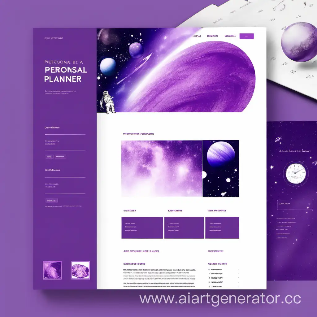 Стартовая страница веб-сайта планировщика личных дел, фиолетовый цвет, космическая тематика