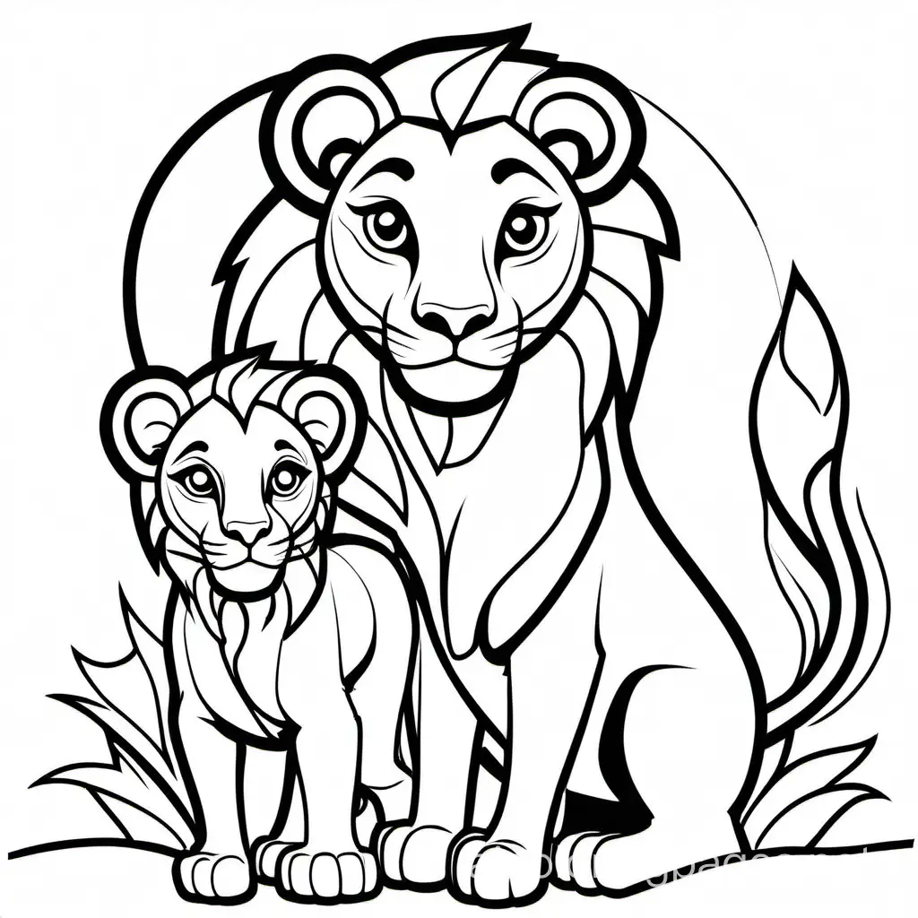 cute baby lion with Mother lioness coloring pages, Coloring Page, black and white, line art, white background, Simplicity, Ample White Space. The background of the coloring page is plain white to make it easy for young children to color within the lines. The outlines of all the subjects are easy to distinguish, making it simple for kids to color without too much difficulty