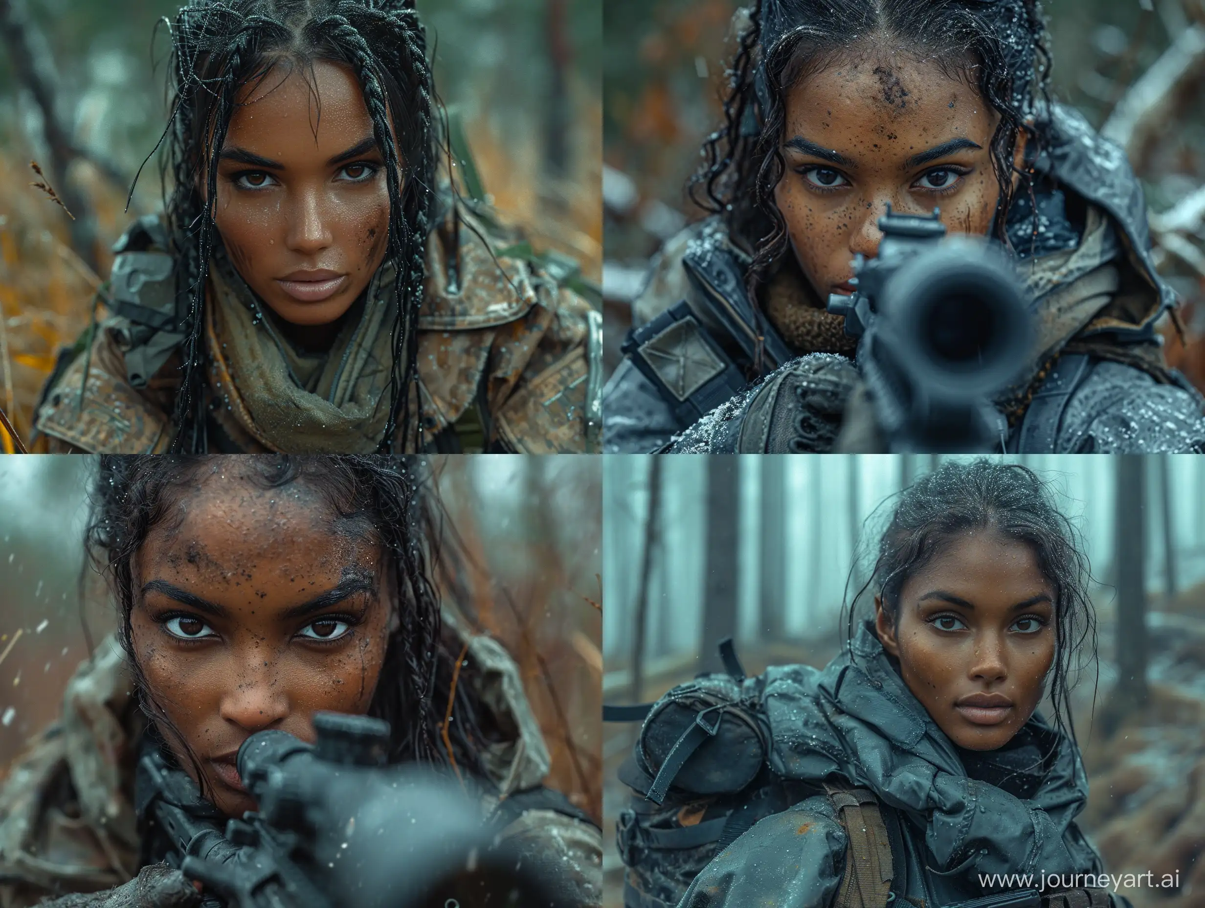 Hyper realistic photo of beautiful darkskinned female Sheva Alomar in S.T.A.L.K.E.R dark tactical equipment dead trees forest  --s 999  --style raw --v 6