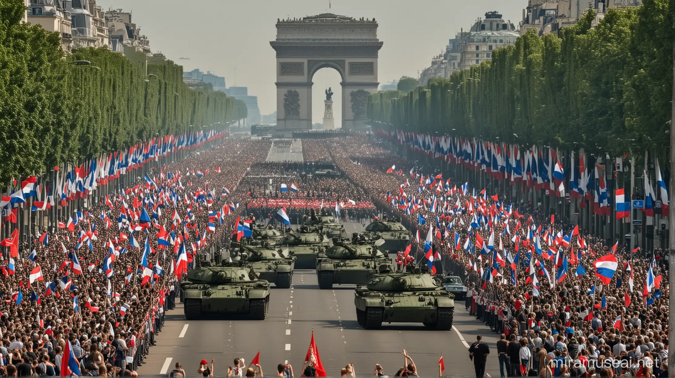 défilé de chars militaires russes sur les champ élysées a Paris avec la foule brandissant des drapeaux français et russes