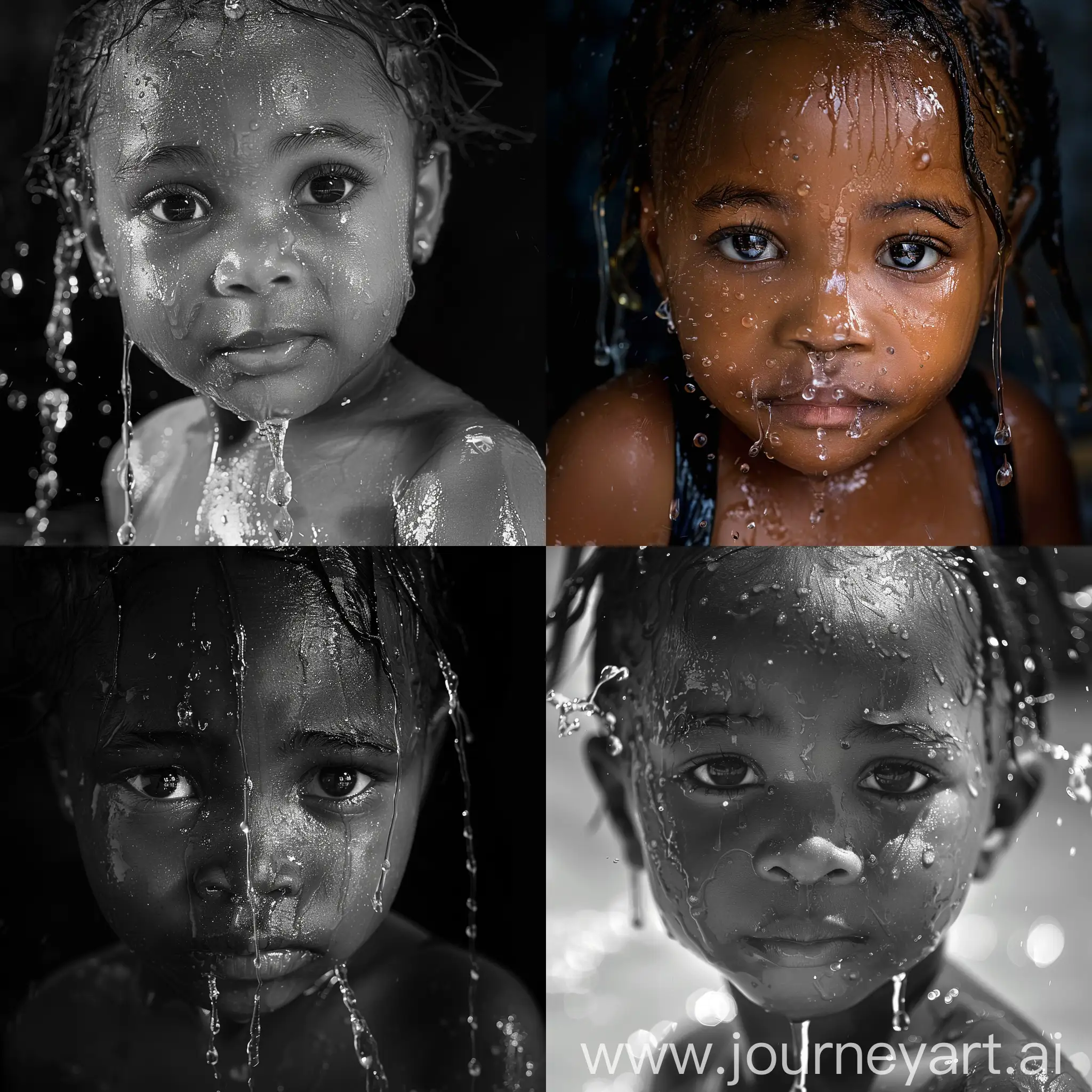 Portrait of African little girl. She has water dripping down her face as she emerges from the water She is looking at the camera.