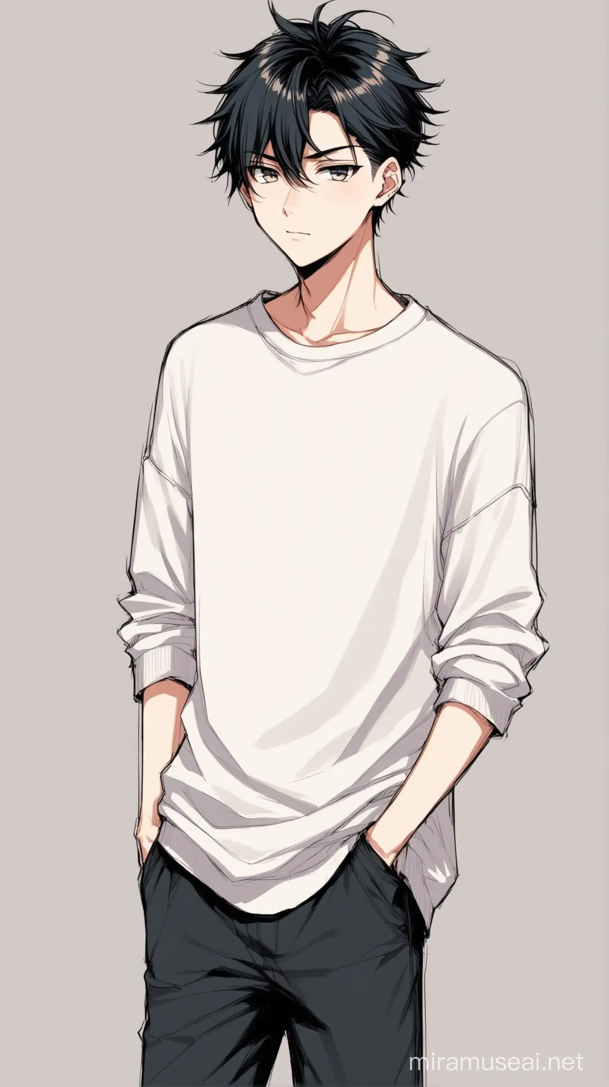 19 year old boy, Jude Harping. Taper fade hairstyle, minimalist streetwear. Romance manga main character. 