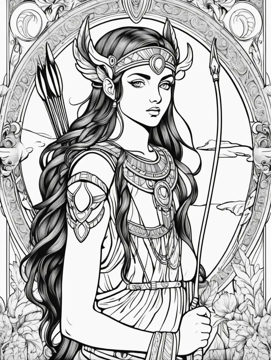 Artistic Rendering of Artemis in Black and White Coloring Book Style