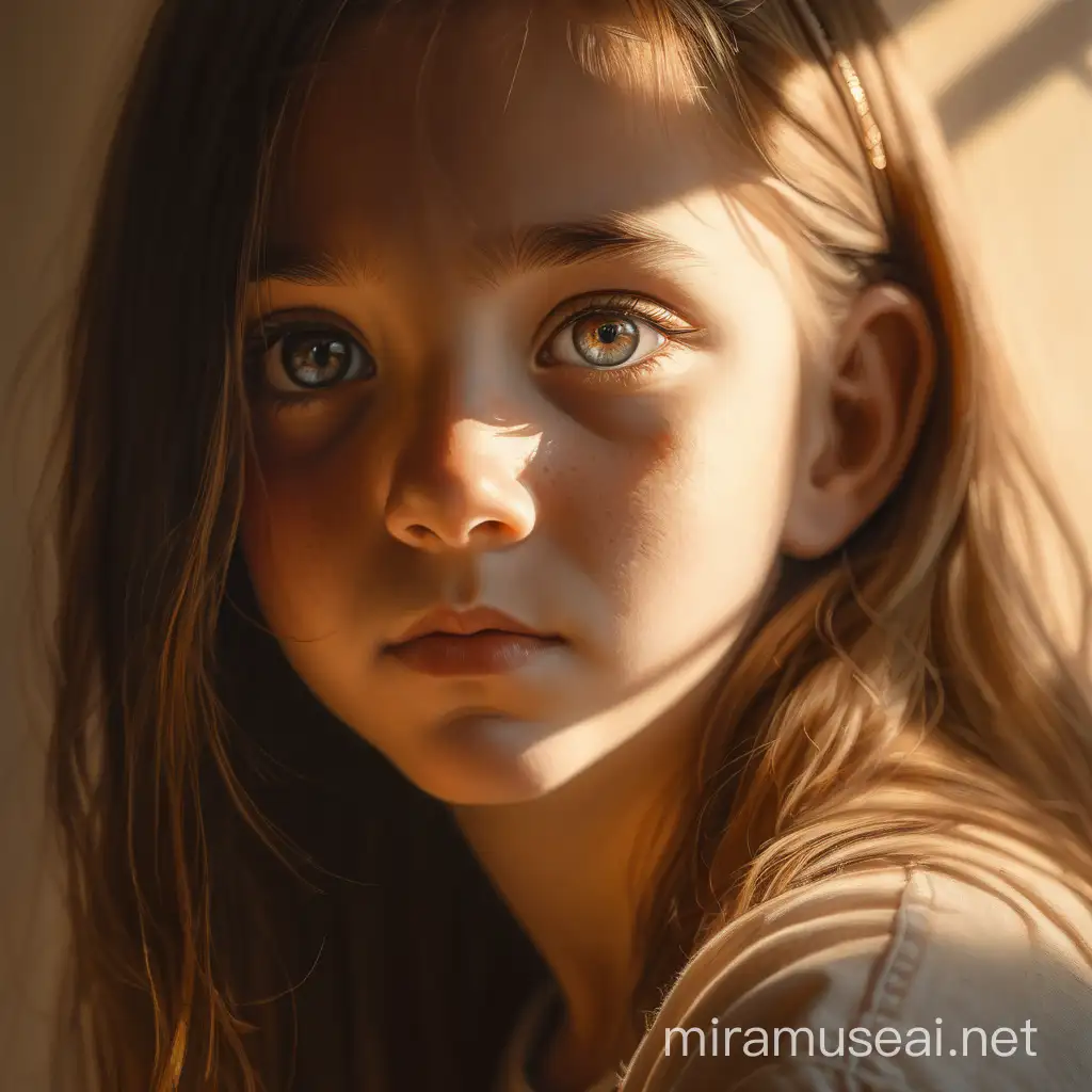 Portrait of a girl, 3/4 view, dramatic lighting, warm key light, eye looking torwards camera. 