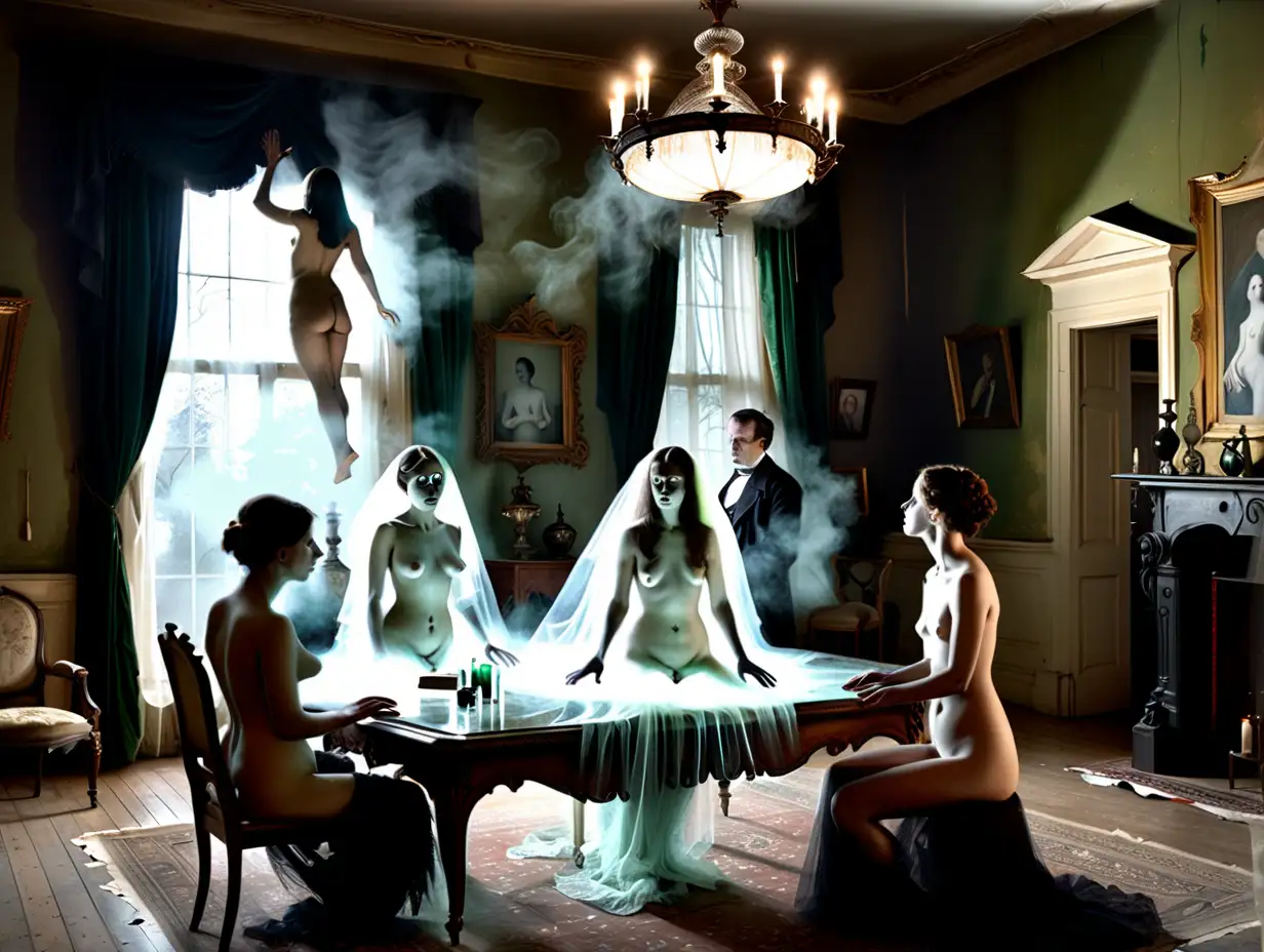 Photographically realistic, high definition,  19th century. A spiritual seance in the living room of a Victorian villa. Ladies and gentleman are looking at the transparent appearance of  a naked women hovering ghostly above the table
  
