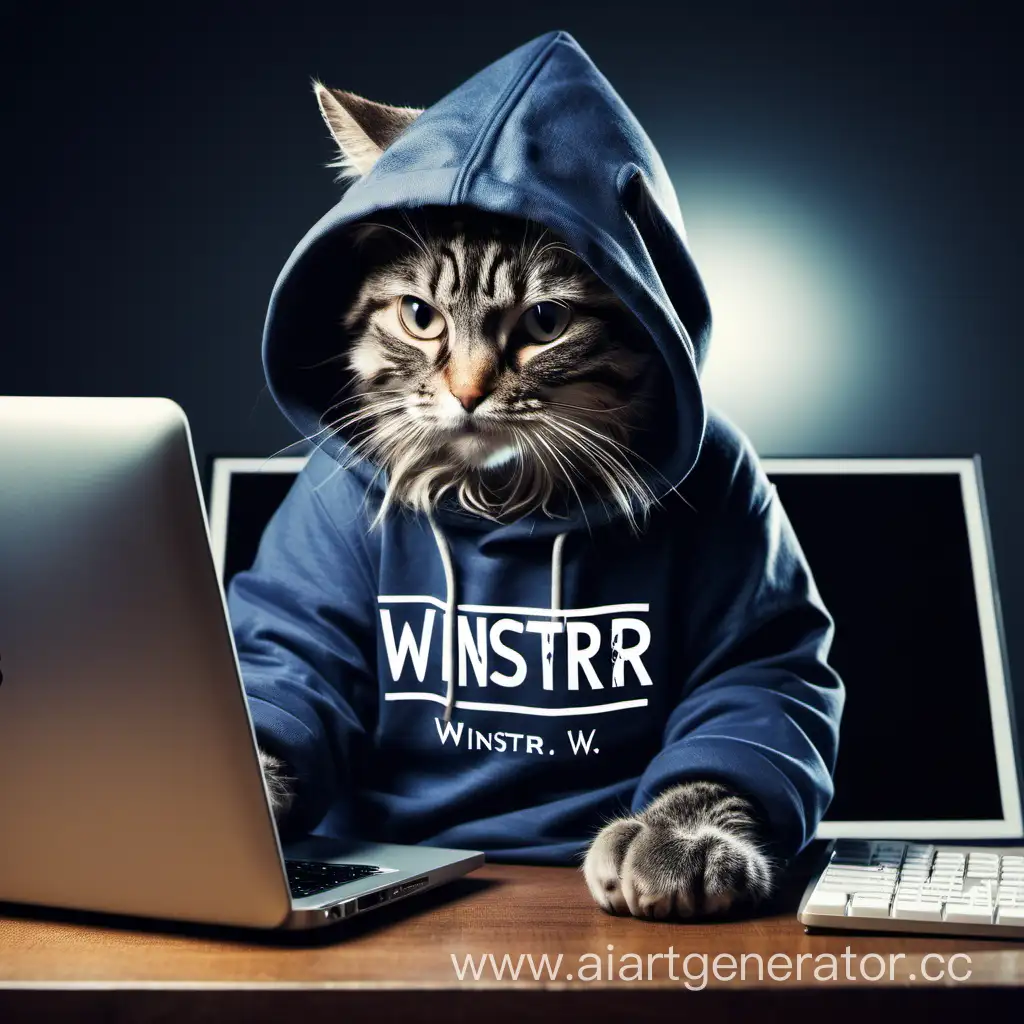 кот сидит в компьютере в худи где надпись winstr и он с пистолетом