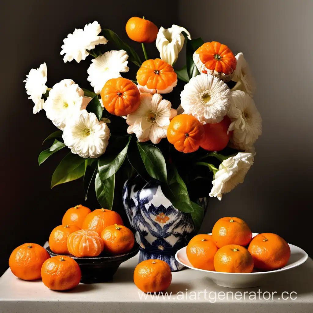 Vibrant-Floral-Arrangement-with-Tangerines-A-Burst-of-Citrus-and-Blooms
