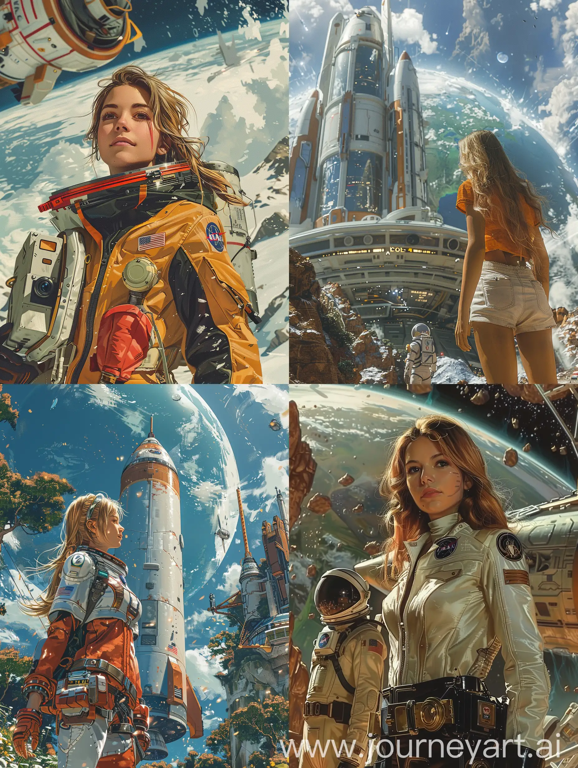 Create a visually exciting and challenging illustration in a realistic fantastic style of a beautiful young woman Space Nomad and Wanderer and asronaut in front of a spaceship explores awesome earth. The illustration should depict a scene show grand scale, and incorporate influences from cosmoopera in comic style --s 750