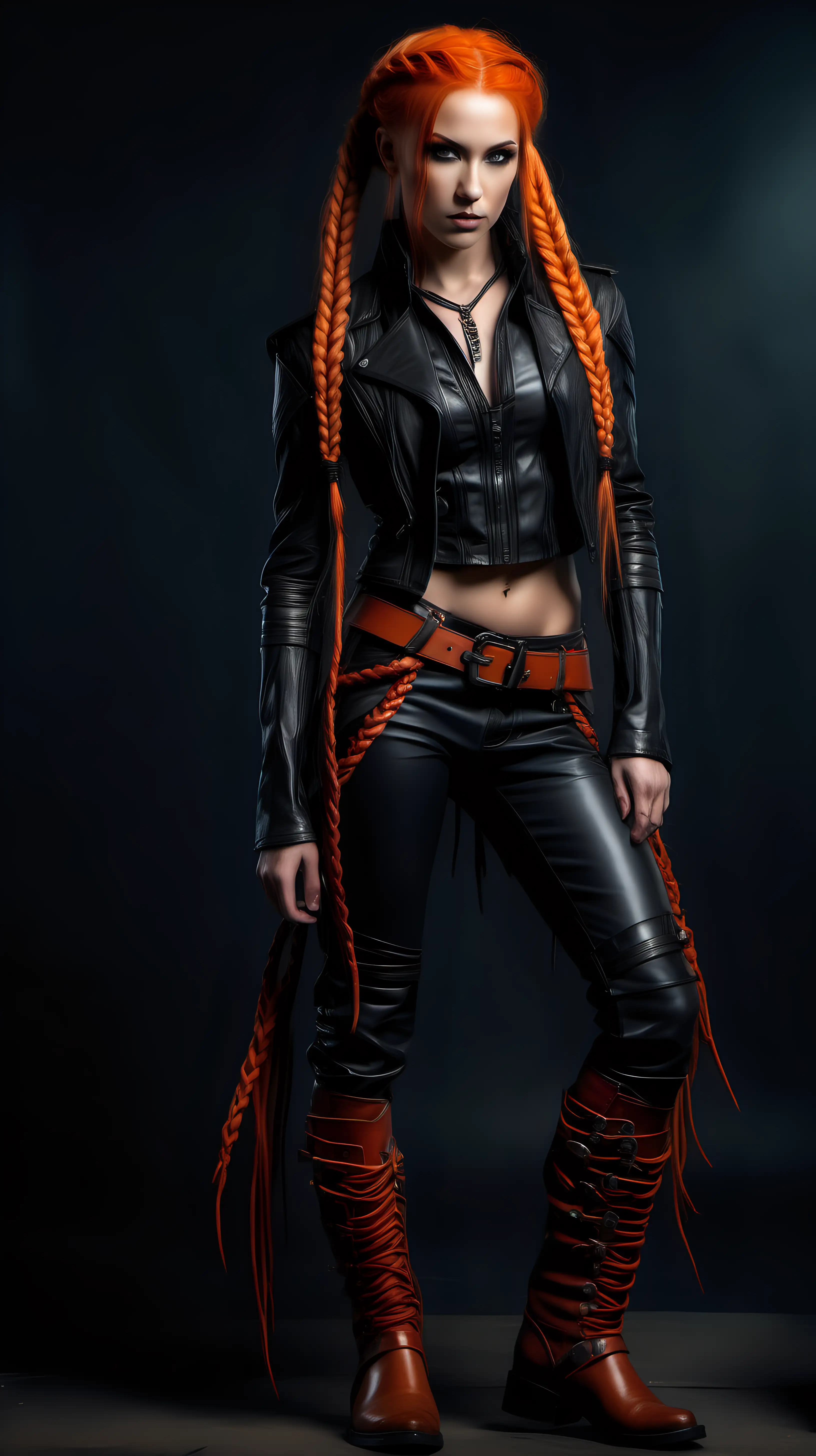 Muscular petite rogue with leather clothes and long orange hair, tight braids, leather boots, fantasy style, full length portrait 