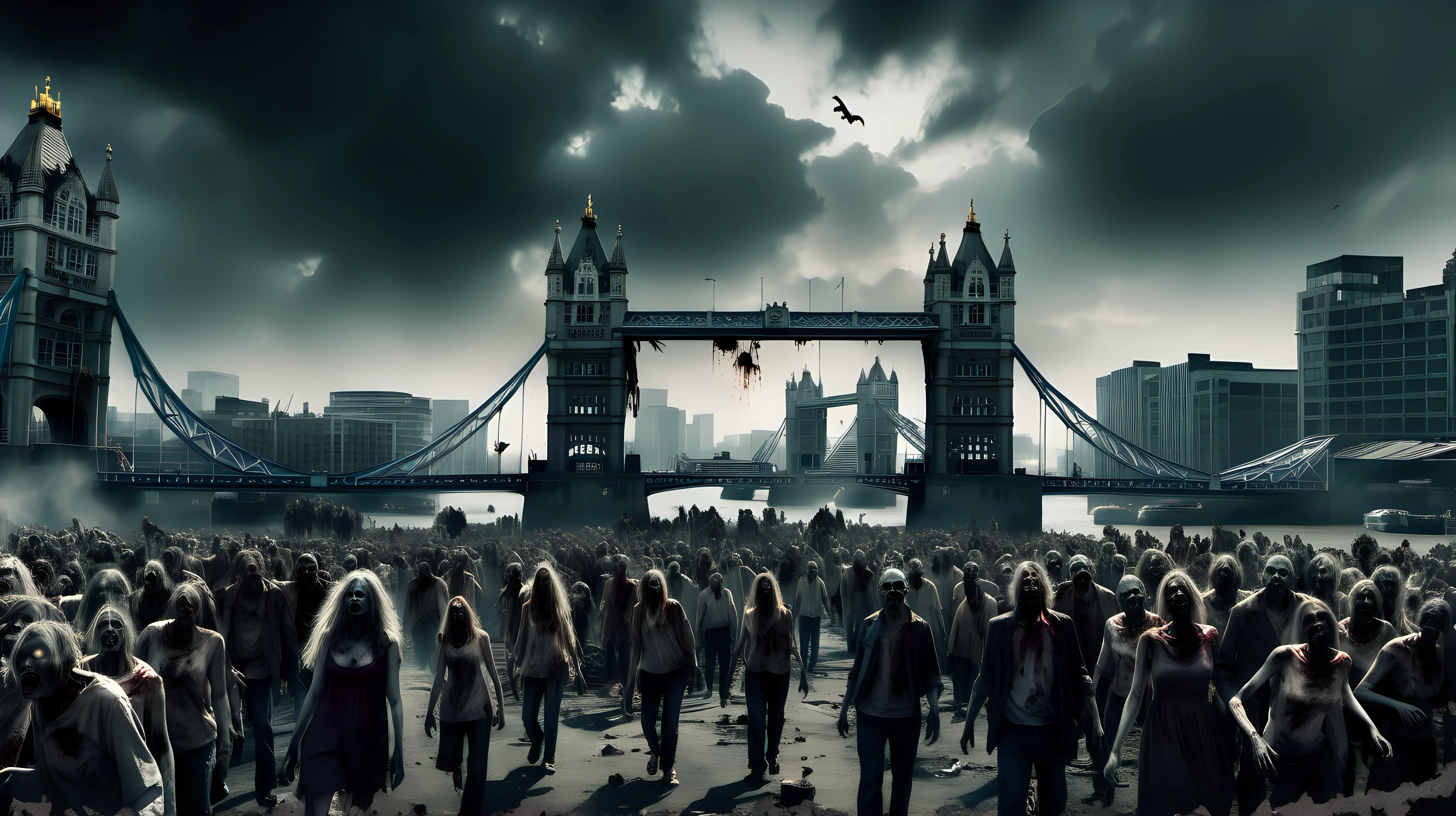 zombie horde, Tower Bridge in London from a distance, male and female zombies, post-apocalyptic landscape