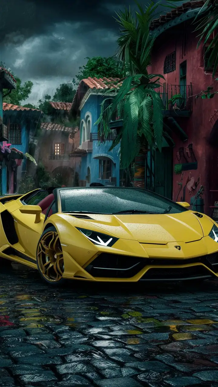 A striking and cinematic 3D rendering of a Lamborghini Sian Roadster Amarillo parked in a cobblestone alley of a charming Mexican magical town. The exterior of the car glows with a vibrant yellow hue, contrasting with the red and brown leather seats. The alley is surrounded by vibrant greenery, colorful buildings, and a mysterious atmosphere. The overcast sky and damp environment highlight the shadows of the exotic and powerful vehicle, capturing the essence of a rainy day in this enchanting location., 3d render, cinematic, photo