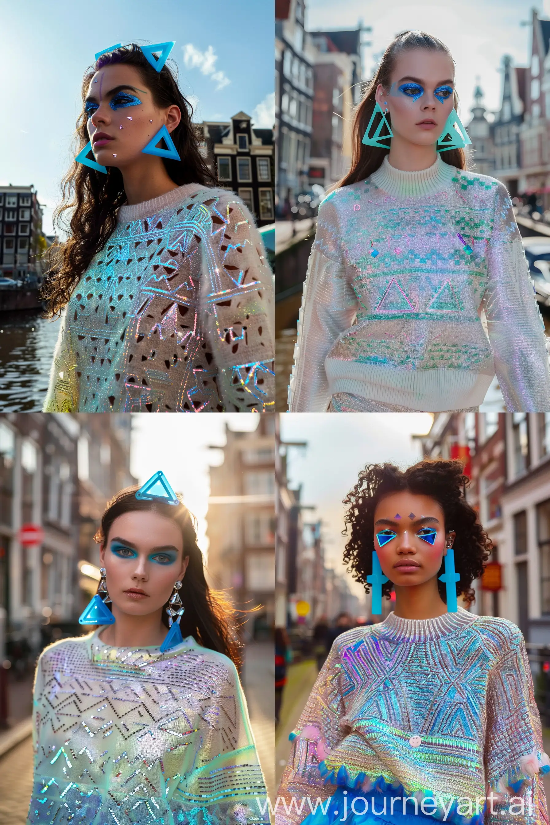 crea foto di modella che sfila ad Amsterdam, indossa maglione iridescente, il maglione a triangoli in 3d disegnati sopra, indossa meravigliori orecchini di plastica a forma di triangolo color blu neon,, trucco sugli occhi di color blu e argento,  figura intera, realistica --ar 2:3 --v 6.0