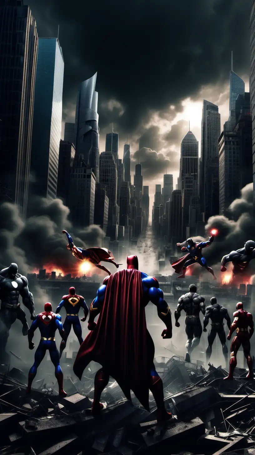 make an image in dark theme of super heroes destorying a city. Ultra realistic.