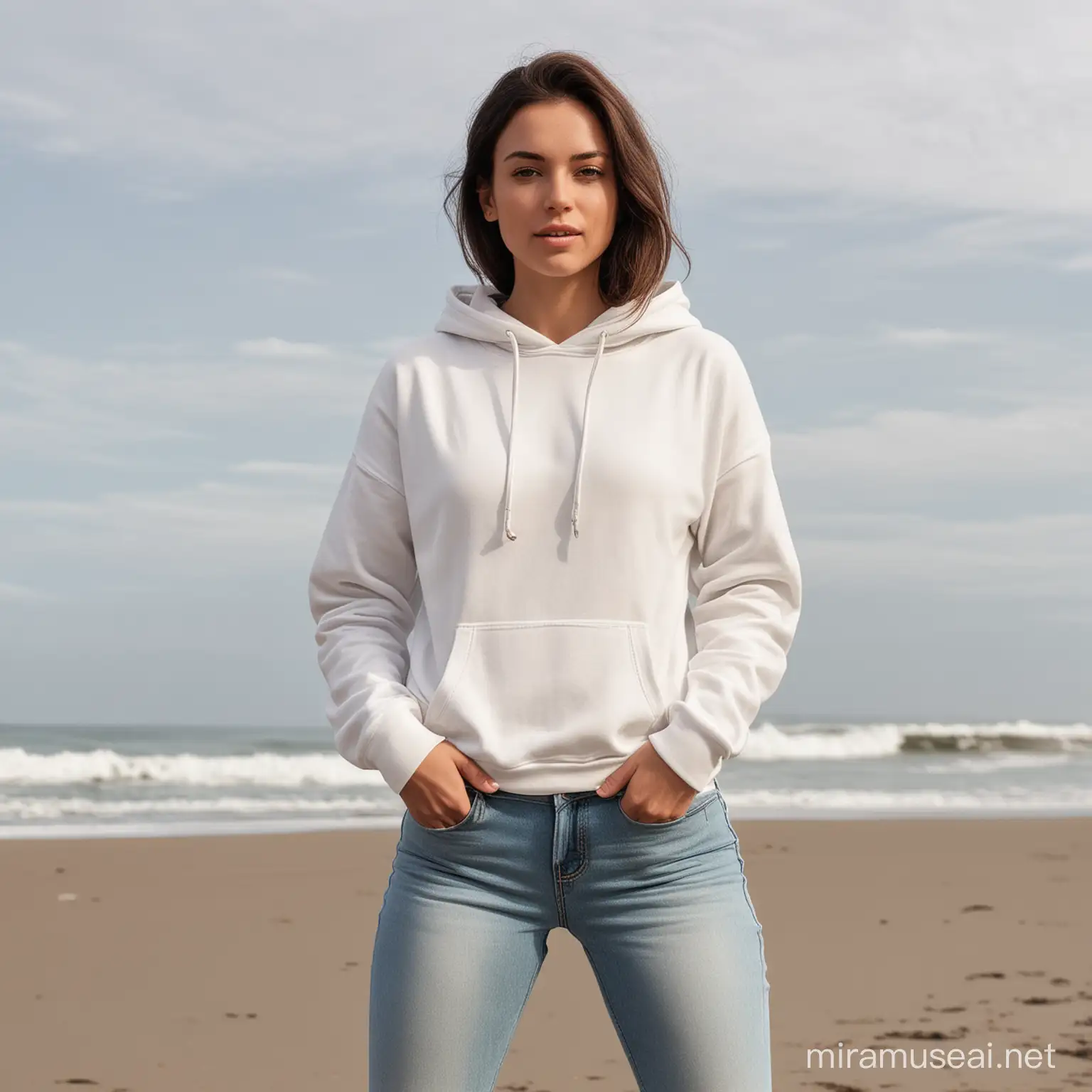 Woman in White Hoodie at Beach FrontFacing Camera Shot