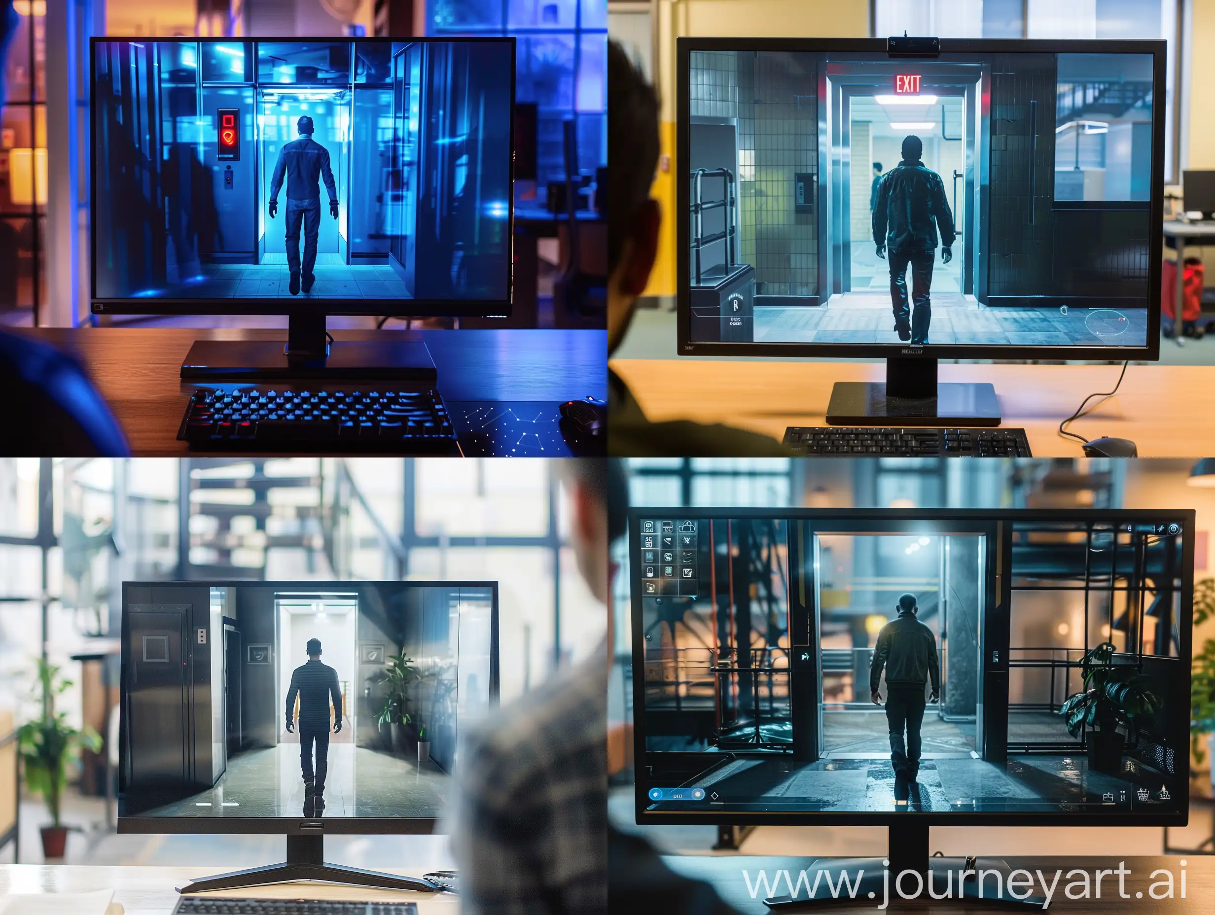 在电脑屏幕中，游戏男角色走向电梯
